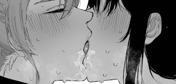 2girls, black hair, blush, carrot 011, closed eyes, drool on face, female, french kiss, hololive, hololive english, hololive english -advent-, hololive gen 0, hololive japan, hoshimachi suisei, lesbian kiss, making out, nerissa ravencroft, sensual, sweat, sweating, virtual youtuber, vtuber, yuri