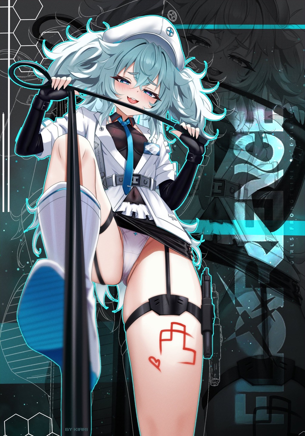 1girls, blue eyes, blue hair, bondage, female, florence (neural cloud), girls' frontline, girls' frontline neural cloud, heart-shaped pupils, kiari art, leash, leash pull, leashed pov, light skin, pa-15 (girls' frontline), pale skin, panties, tagme