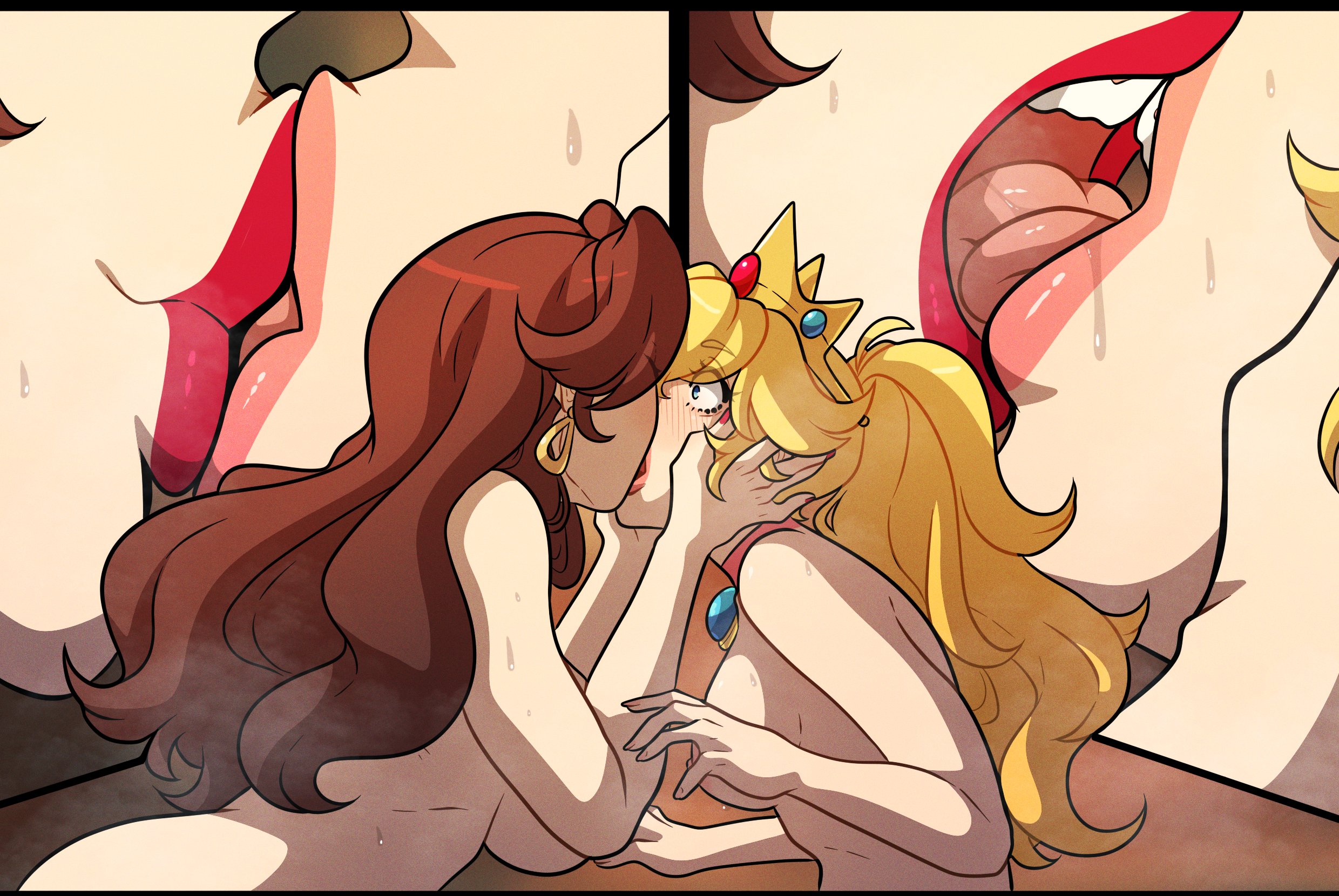 2girls, bisexual female, blonde hair, breasts, brown hair, crown, female, kinkymation, kissing, lips, lipstick, long hair, male, mario, mario (series), nail polish, naked, nintendo, nude, pauline, ponytail, princess peach, red lipstick, red nails, tongue, tongue kiss, unseen male, unseen male face, yuri