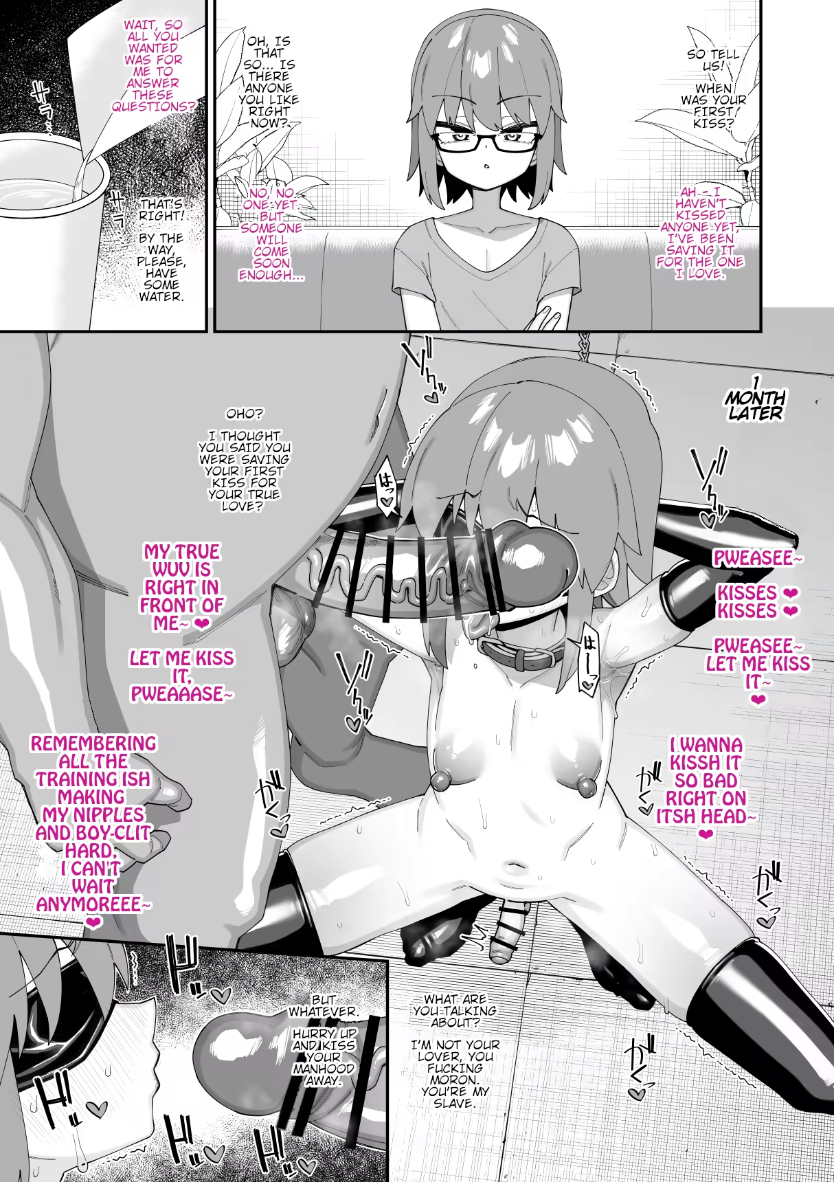 2boys, big, big penis, bondage, collar, domination, drag, english, english text, erect penis, erection, eyes, femboy, gay, gay domination, gay male, gay sex, glasses, hair, instant loss 2koma, male, male focus, male only, male/male, mind break, nipple bulge, nipples, original, original character, penis, penis size difference, shinagawa mikuzu, small penis, submissive, text, yaoi