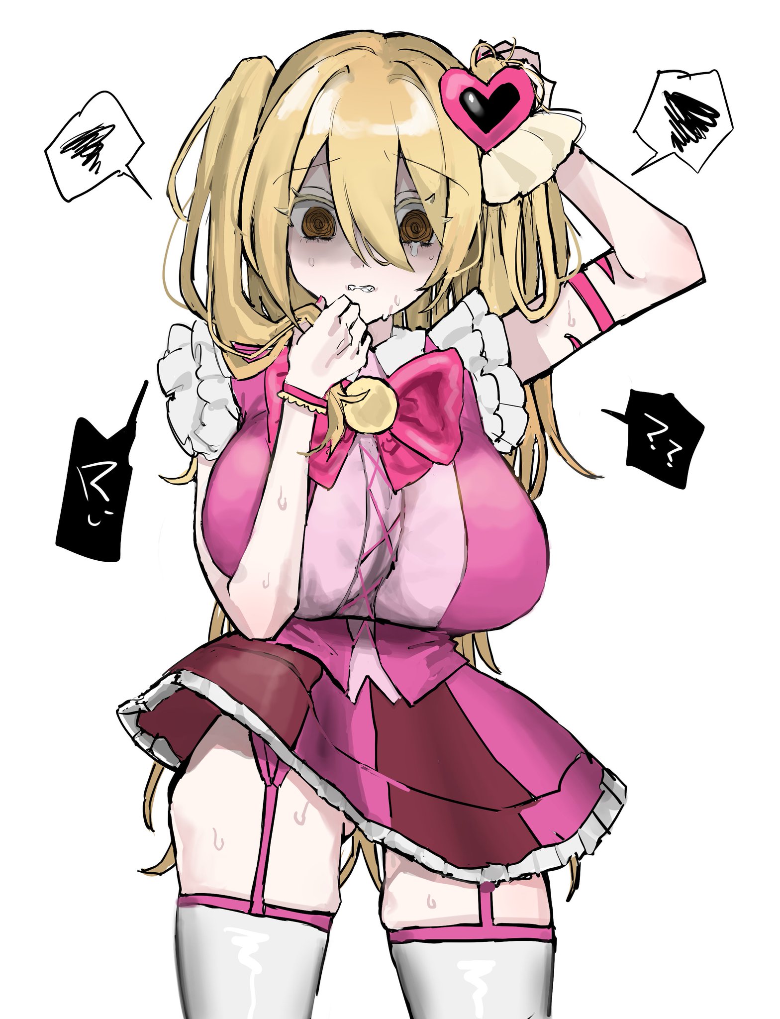 1girls, breasts, don quixote (limbus company), dress, female, female only, garter belt, garter straps, hair ornament, heart hair ornament, huge breasts, in the name of love and hate (e.g.o), limbus company, long hair, magical girl, noroma u, project moon, queen of hatred, shaded face, skirt, sleeveless, solo, sweat, sweatdrop, swirly eyes, tears, tied hair, twintails