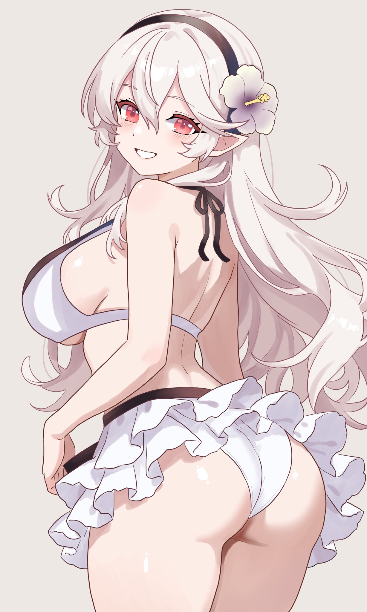 1girls, bikini, black hairband, blush, breasts, cleavage, corrin (fire emblem), corrin (fire emblem) (female), female, female focus, female only, fire emblem, fire emblem fates, fire emblem heroes, flower, frilled skirt, front-tie bikini, grey hair, hair between eyes, hair flower, hair ornament, hairband, large breasts, long hair, looking at viewer, midriff, n 54, official alternate costume, pointy ears, red eyes, smile, solo, swimsuit, thighs, white bikini, white hair