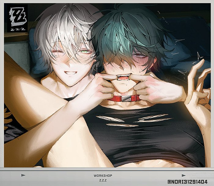 after sex, black shirt, blush, blush lines, blushing, collar, dark room, fingers in mouth, fucked silly, gay, gay male, green eyes, green hair, grey hair, hoyoverse, legs spread, legs up, lighter (zenless zone zero), male, male only, no visible genitalia, nori31291404, pale skin, peace sign, photo (object), ripped shirt, small dom big sub, smiling, smiling at viewer, trembling, wise (zenless zone zero), yaoi, zenless zone zero