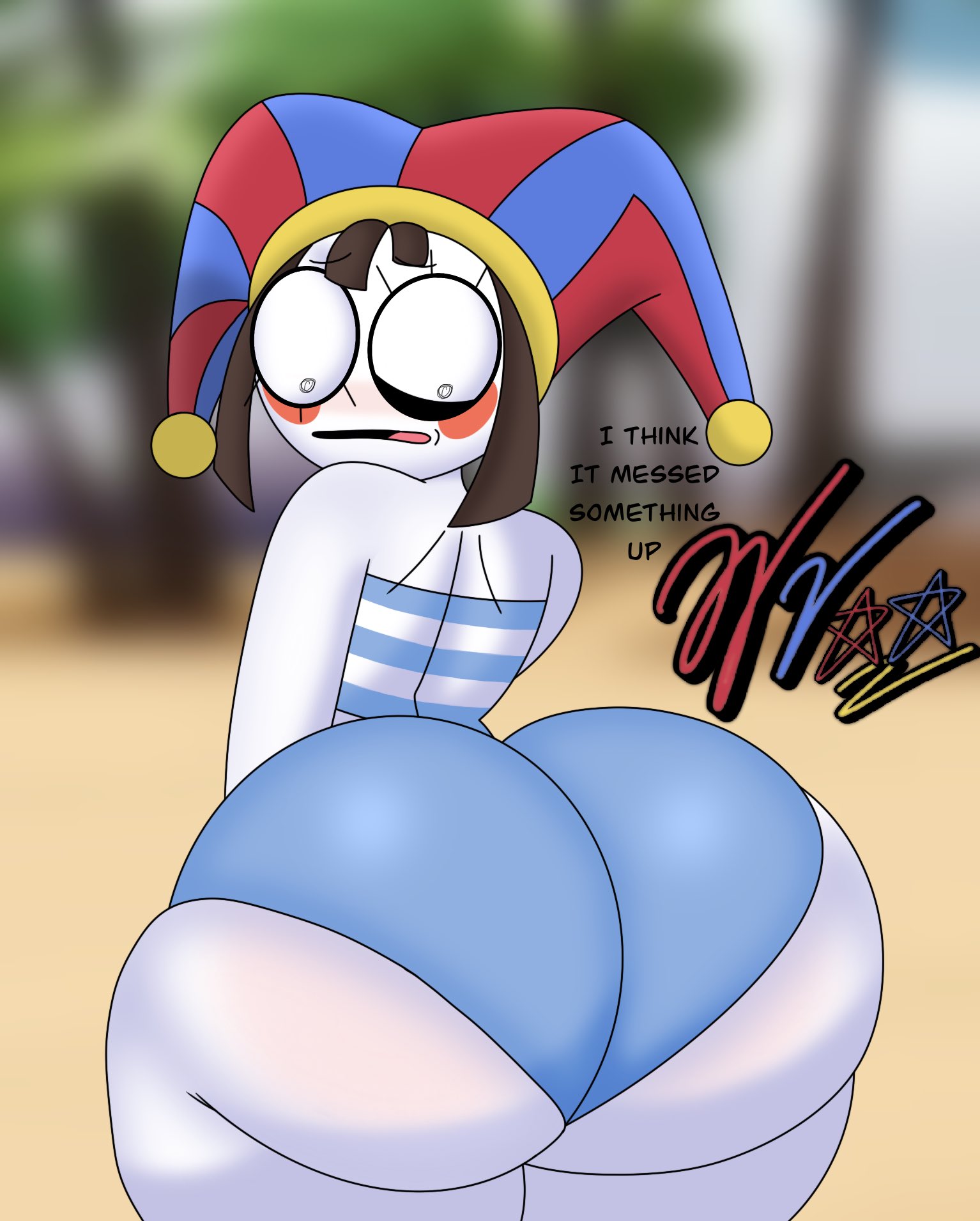 ass, ass bigger than head, ass focus, beach, big ass, big butt, big thighs, bikini, breasts, female, flat chest, flat chested, gooseworx, huge ass, huge butt, huge thighs, jester, jester hat, looking back, pomni, pomni (beach outfit), pomni (tadc), pomni (the amazing digital circus), shorts, small boobs, small breasts, swimsuit, swimwear, the amazing digital circus, web series, white body, white skin, wifeyvoo, youtube