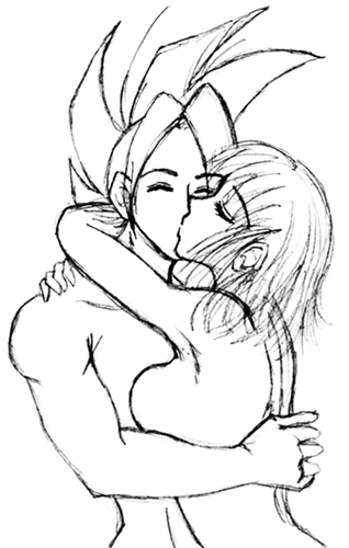 black_and_white breasts dragon_ball dragon_ball_gt female jesschan kiss kissing male male/female naked nude nudity pan_(dragon_ball) sketch topless uncensored uub