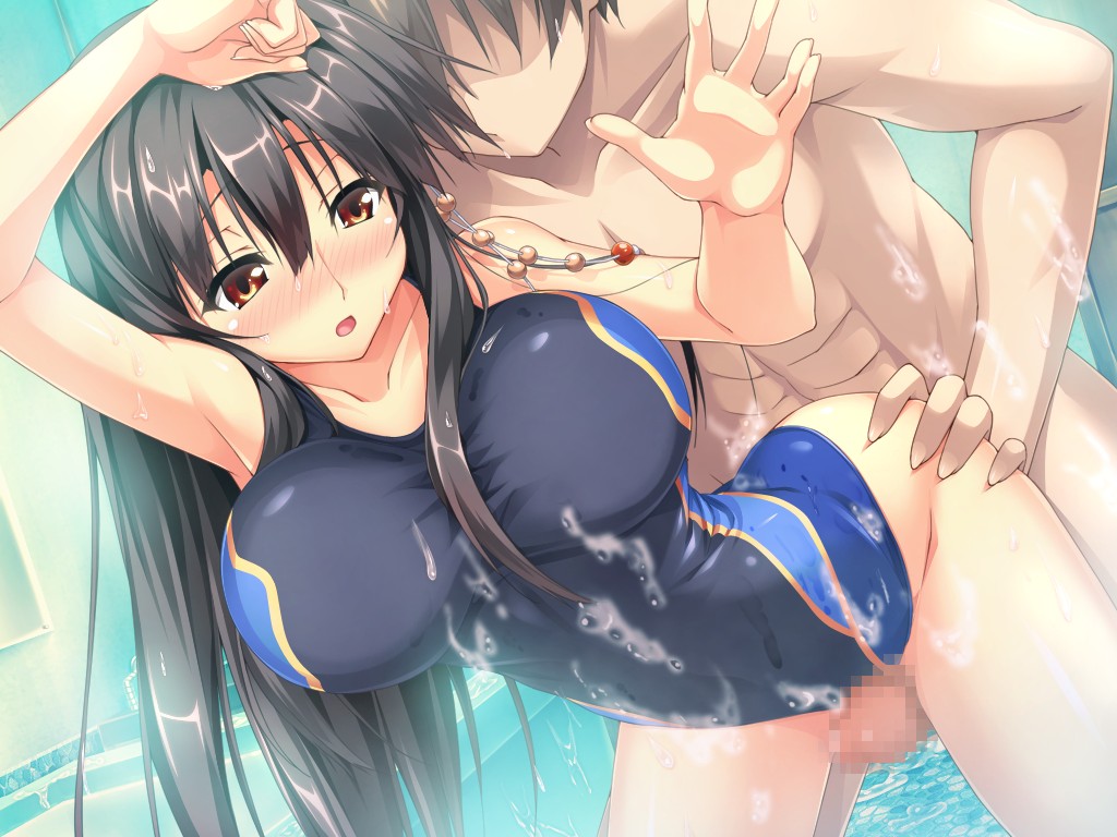 1boy against_glass aqua_background arched_back black_hair blush breasts brown_eyes censored competition_swimsuit dutch_angle erect! faceless faceless_male female game_cg large_breasts long_hair nipples one-piece_swimsuit penis piromizu pool straight swimsuit trinity_euphoria wet