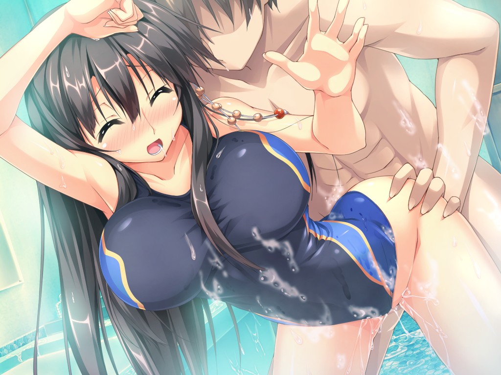 1boy against_glass aqua_background arched_back black_hair blush breasts closed_eyes competition_swimsuit doggy_style dutch_angle erect! faceless faceless_male female game_cg large_breasts long_hair nipples one-piece_swimsuit piromizu pool sex straight swimsuit trinity_euphoria vaginal_penetration wet