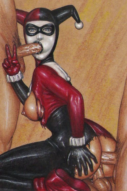 1girls, anal, ass, ass grab, balls, batman (series), blowjob, blue eyes, bodysuit, breasts, breasts out, dc, dc comics, edithemad, fellatio, female, female focus, foursome, gangbang, gesture, gloves, group sex, hair, harley quinn, harley quinn (classic), human, jester, jester cap, makeup, male, mask, mmmf foursome, oral, partial male, peace sign, pubic hair, pussy, ripped clothing, saliva, skin tight, straight, testicles, torn clothes, triple penetration, uncensored, v, vaginal penetration