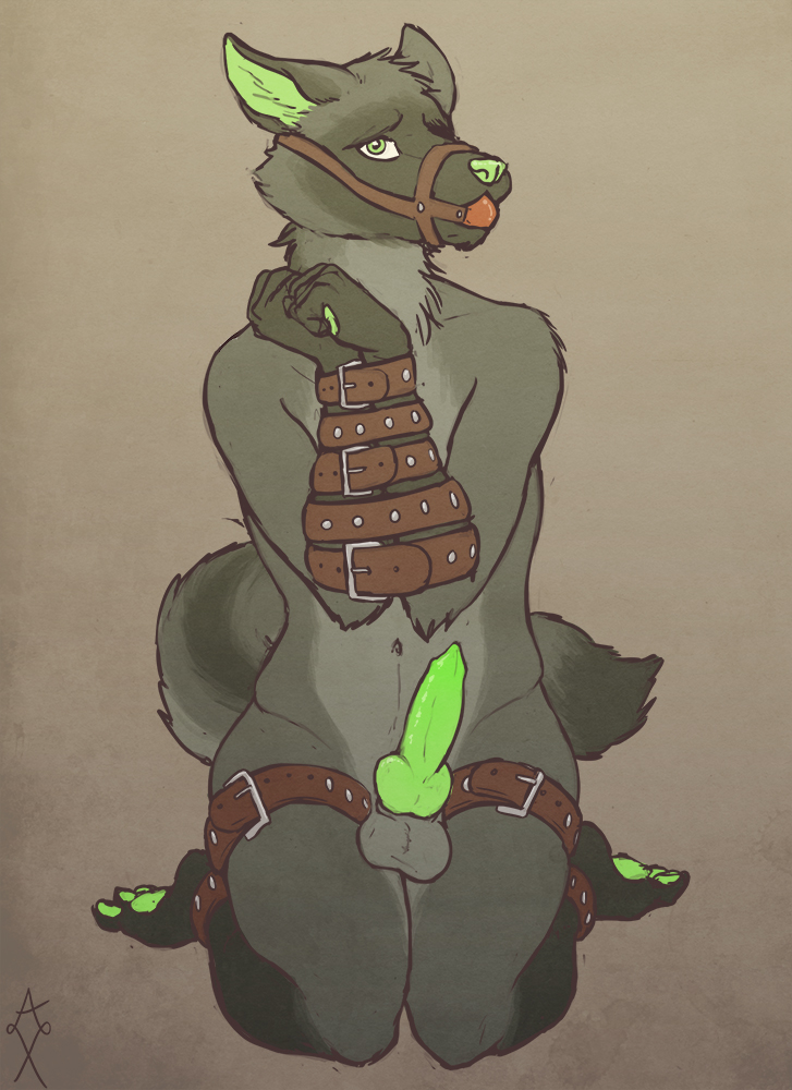 anthro ataraxia ball_gag balls bondage bound canine canine_penis erection farros furry gag green_eyes green_penis kneeling knot looking_at_viewer male male_only muzzle_(object) nude penis solo wolf