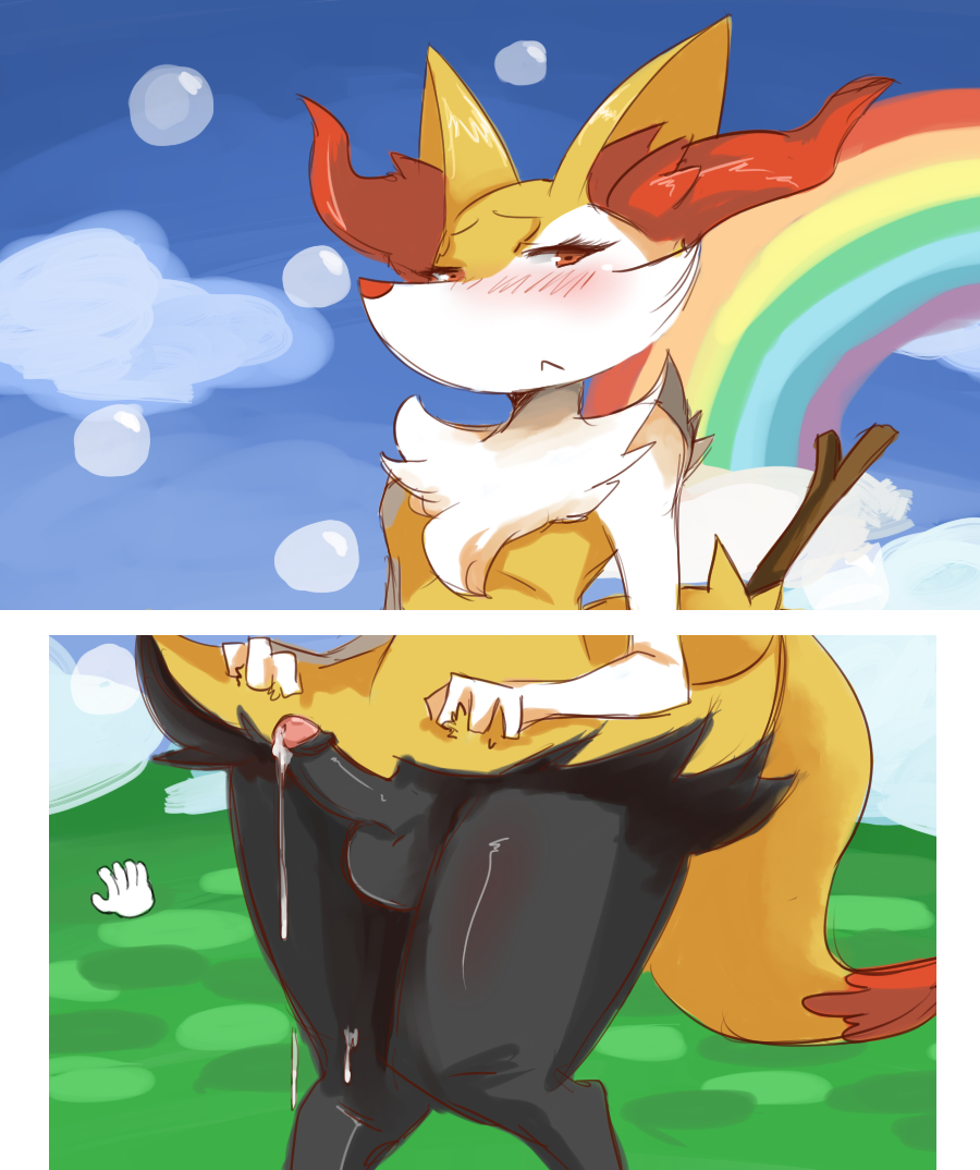 1boy 3ds 4_fingers 5_fingers anthro balls blush braixen canine cloud cum cum_on_leg cum_on_penis cum_string erection eyelashes femboy fennec fox frown fur girly grasp grass half-closed_eyes lift lightsource looking_away male male_only nintendo nude penis plant pokémon_(species) pokemon pokemon_(species) pokemon_amie presenting rainbow shadow shiny sky solo standing stick video_games wood