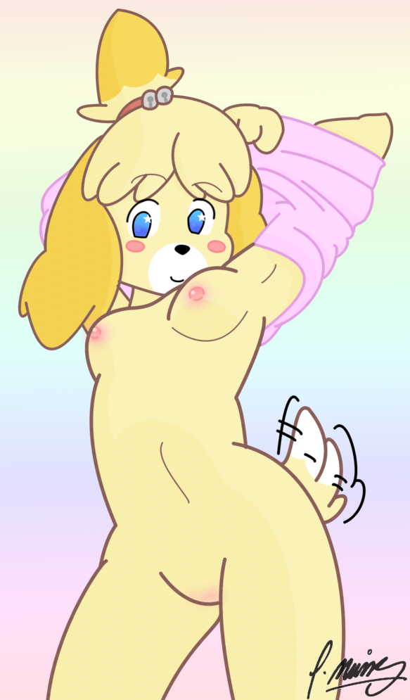 animal_crossing anthro blush breasts canid canine canis clothing domestic_dog featureless_crotch female furry isabelle_(animal_crossing) looking_at_viewer mammal nintendo nipples pgm-m shih_tzu simple_background smile solo standing straight_hair tailwag undressing video_games