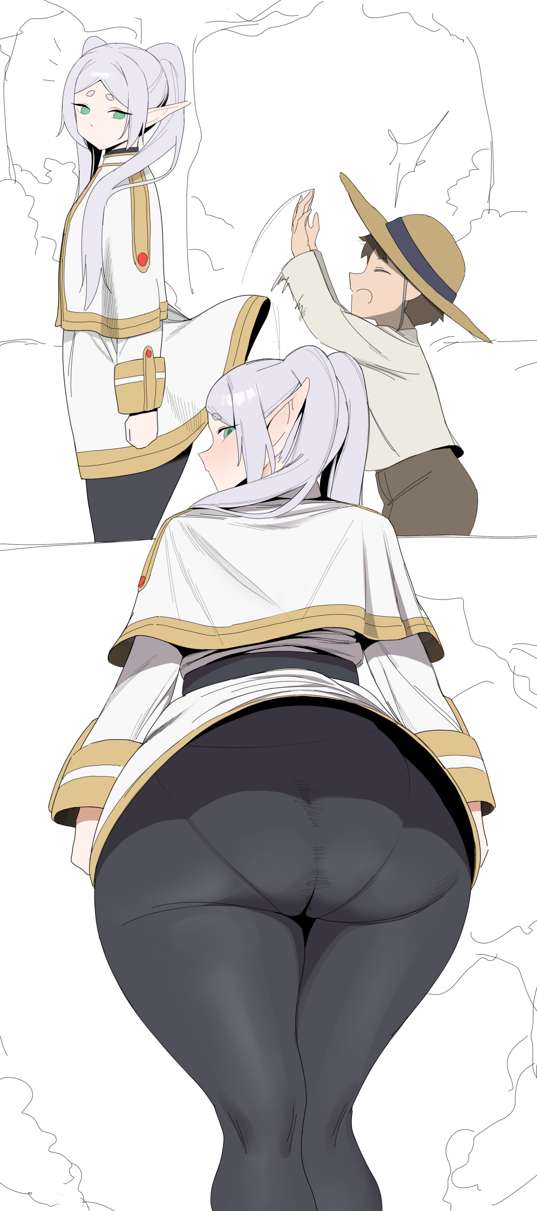 1boy, 1girls, ass, ass focus, assisted exposure, big ass, elf, fat ass, female, frieren, frieren beyond journey's end, from behind, green eyes, hat, huge ass, large ass, lifted by another, lifting, lifting clothing, lifting skirt, long hair, looking back, pantyhose, pantylines, pointy ears, skirt lift, sousou no frieren, tagme, white hair, ysz