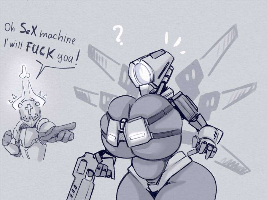 ?, big breasts, dialog, english text, female, gabriel (ultrakill), huge breasts, humor, no color, robot, source request, tagme, text, thick thighs, thighs, ultrakill, unknown artist, v1 (ultrakill)