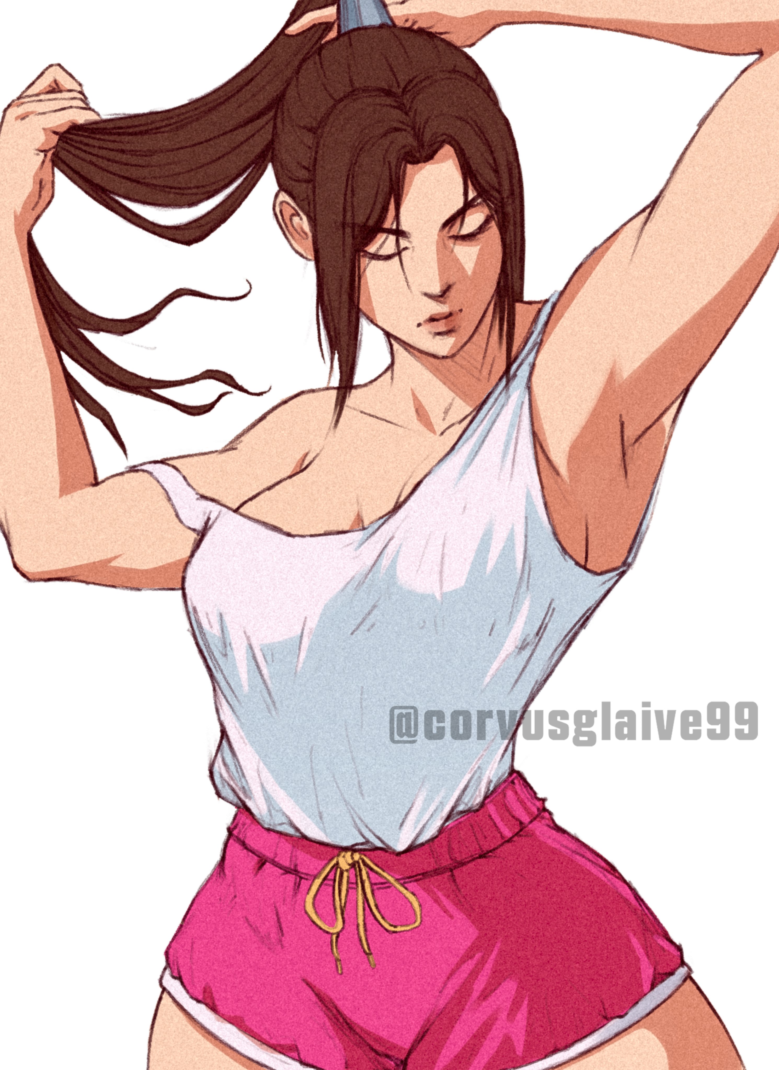 alternate costume, big breasts, booty shorts, breasts, brown hair, brunette hair, casual, cleavage, closed eyes, clothed, clothes, clothing, corvusglaive99, curvy, curvy female, curvy hips, fatal fury, female, female focus, female only, hair tie, hips, human, human only, king of fighters, light skin, light-skinned female, long hair, mai shiranui, mai shiranui (casual), pink shorts, ponytail, short shorts, shorts, singlet, snk, solo, solo female, thick hips, wide hips