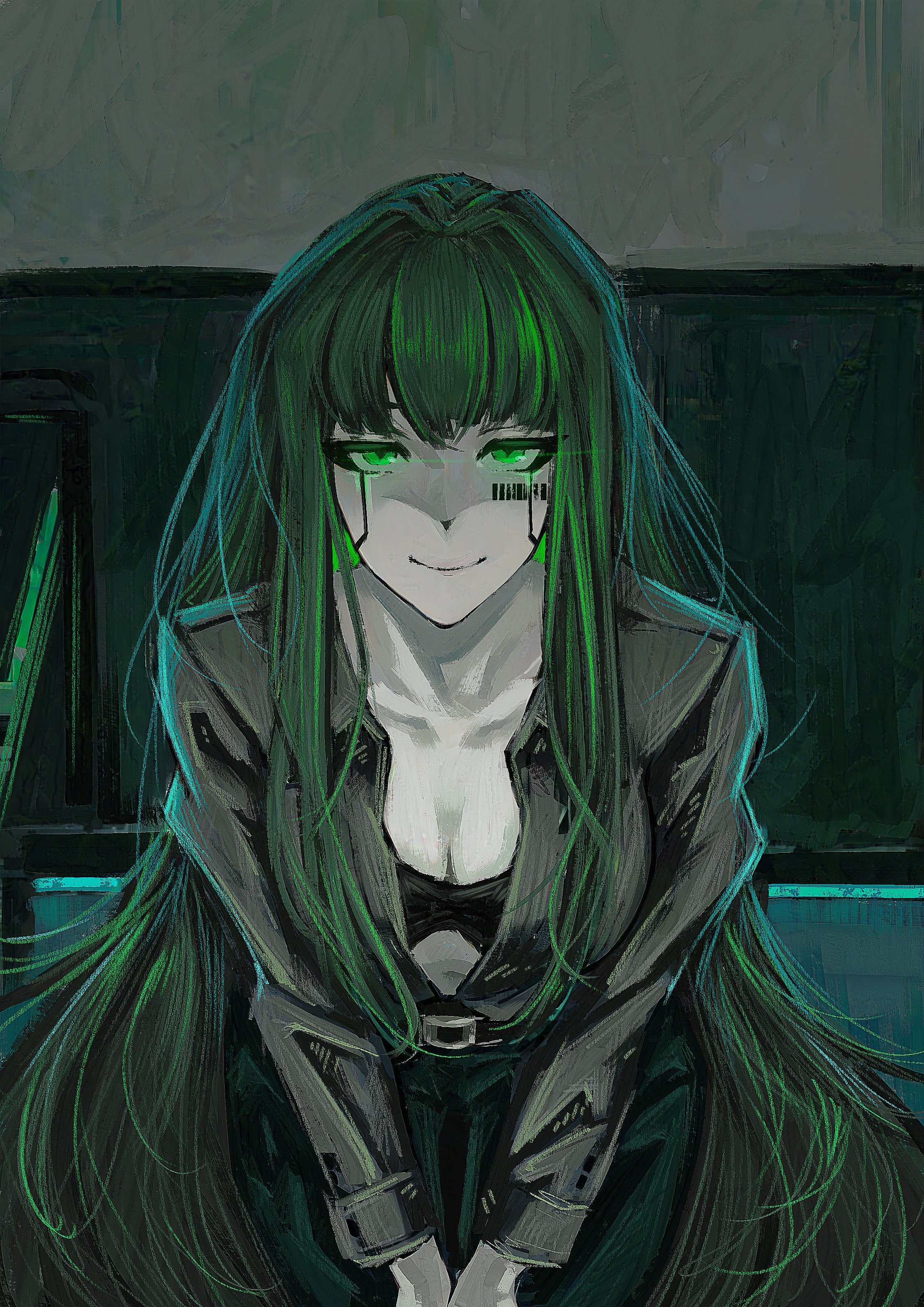 1girls, 2025, 2d, 2d (artwork), alfonso (limbus company), atris2nd, black bra, center opening, cleavage, facial markings, facial tattoo, female, female only, glowing eyes, green eyes, green hair, green pants, limbus company, long hair, own hands together, project moon, shirt, smile, solo, solo female, stare, tattoo, white skin, white skinned female