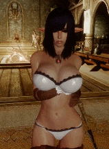 3d, animated, bra, breast fondling, breast grab, breast squish, breasts, brown hair, clothes, dark hair, elf, female, hair, hand on breast, holding breasts, huge breasts, idle, large breasts, necklace, pointy ears, skyrim, the elder scrolls, underwear, video game