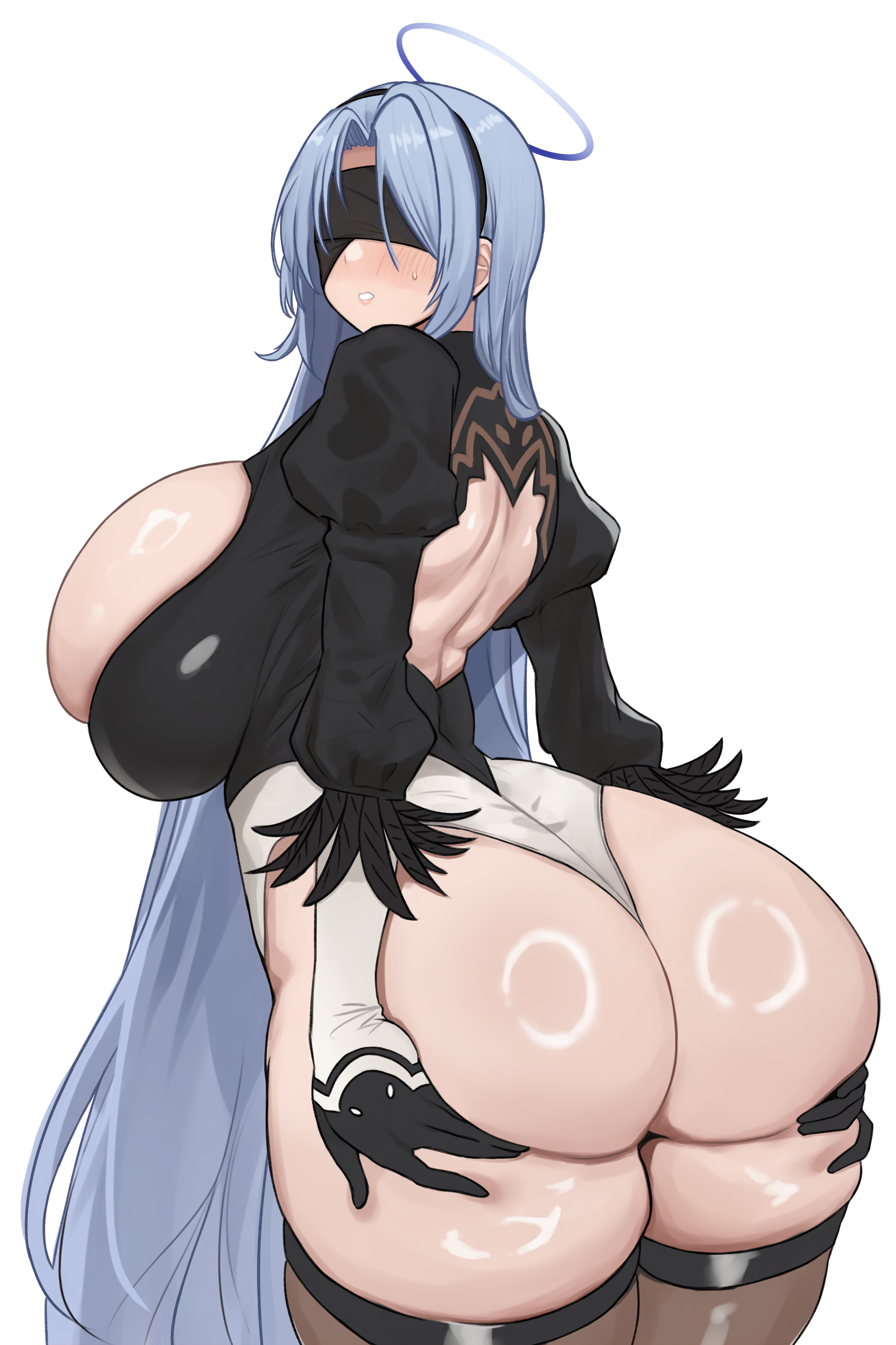 absurdres, alsace (azur lane), ass, azur lane, black blindfold, blindfold, blue hair, blush, breasts, commentary request, cosplay, crossover cosplay, curvy, erufura, female, from behind, gloves, halo, hands on own ass, highres, hollow shine, huge breasts, leotard, long hair, looking at viewer, looking back, nier (series), nier: automata, ring light reflection, simple background, solo, sweat, thighhighs, thong leotard, white background, yorha 2b (cosplay)