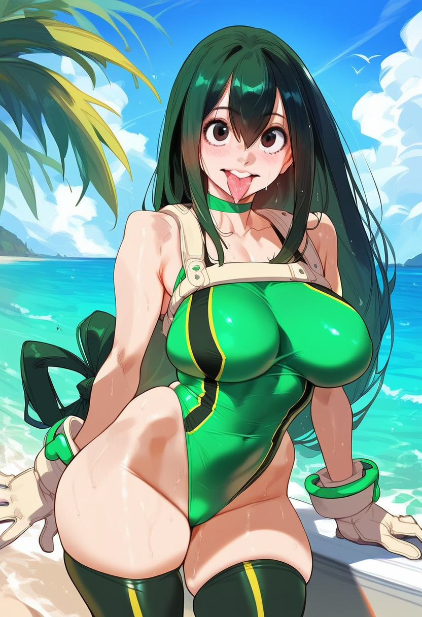 2d ai_generated asui_tsuyu beach big_breasts boku_no_hero_academia day female female_focus female_only gloves green_hair leotard long_hair solo solo_female solo_focus tagme