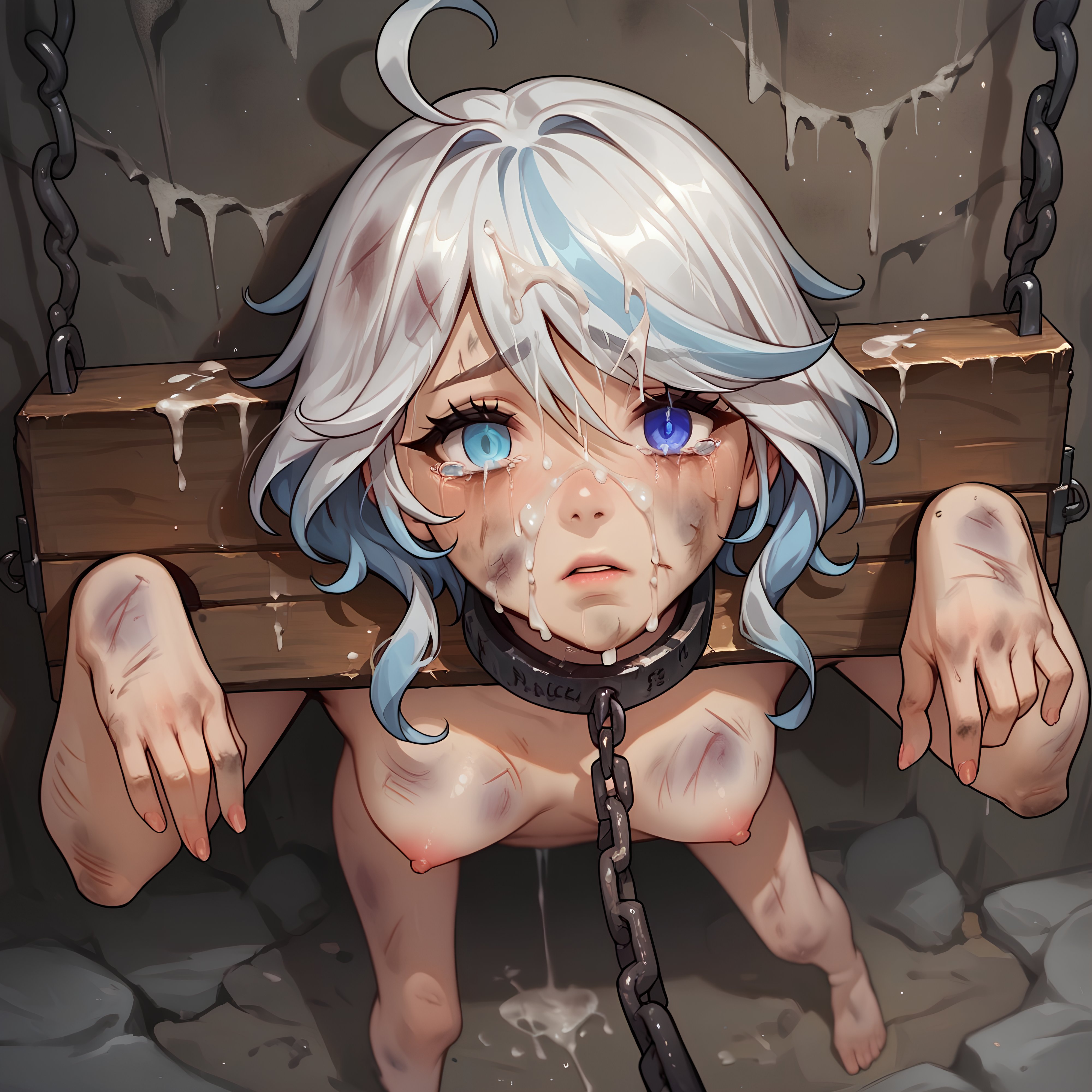 1girls, after rape, after sex, ai generated, akarugi, blonde hair, blue eyes, bondage, breasts, chains, collar, crying, cum, cum drip, cum on face, cuts, defeated, defeated heroine, dungeon, female, furina (genshin impact), genshin impact, heterochromia, hi res, injury, nude, nude female, pillory, restrained, slave, slave collar, slave girl, small breasts, solo, solo female, stocks, tears, white hair, wooden stock