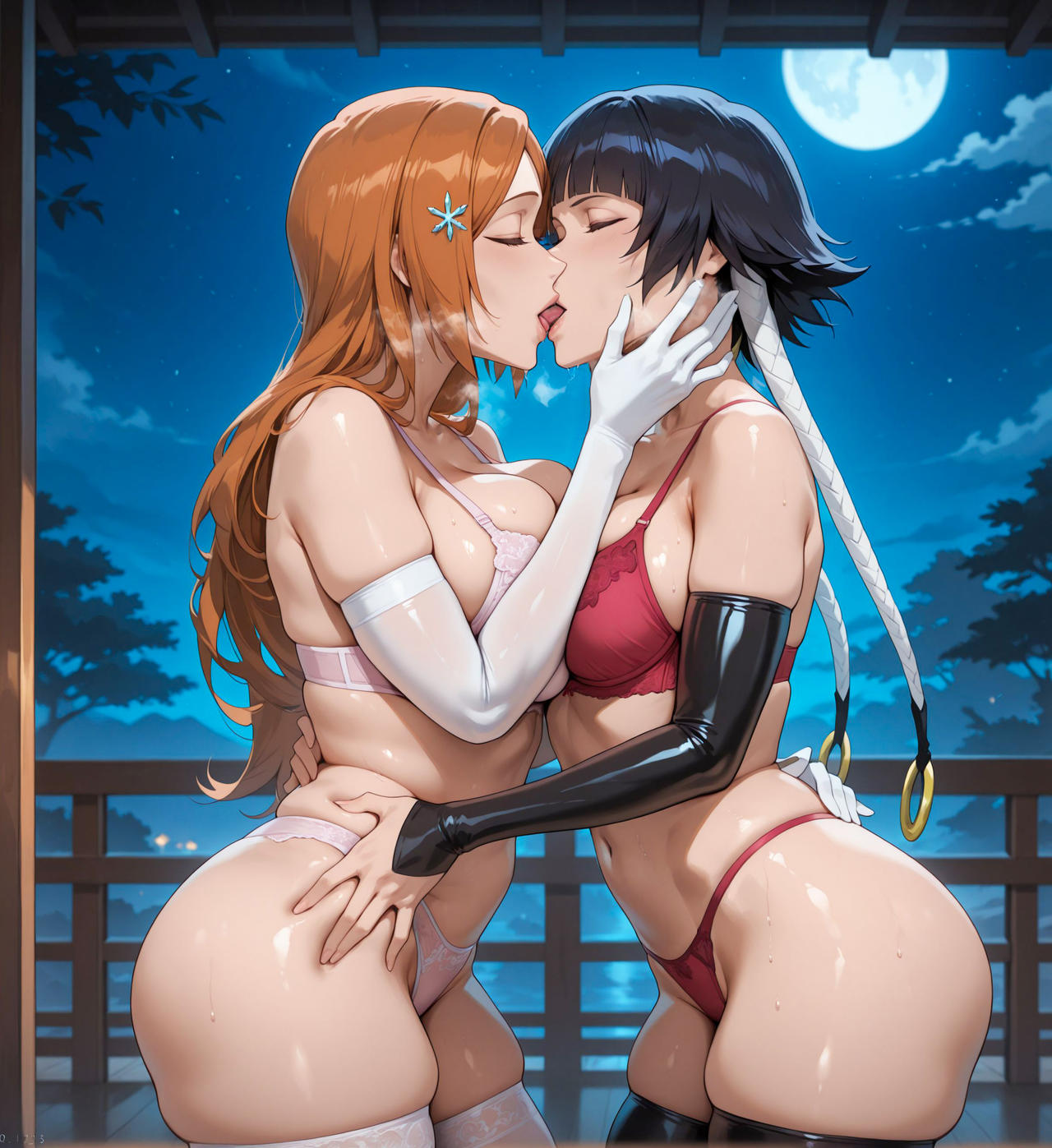 2girls ai_generated alex-schura black_hair bleach inoue_orihime kissing lingerie orange_hair soifon sui-feng yuri