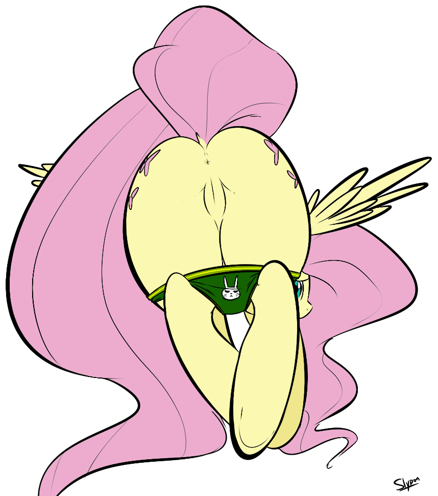 2014 anus ass cutie_mark equine female fluttershy_(mlp) friendship_is_magic fur hair horse long_hair looking_at_viewer looking_back my_little_pony nude panties pegasus pink_hair plain_background pony presenting presenting_hindquarters pussy sex slypon solo straight_hair underwear wings yellow_fur