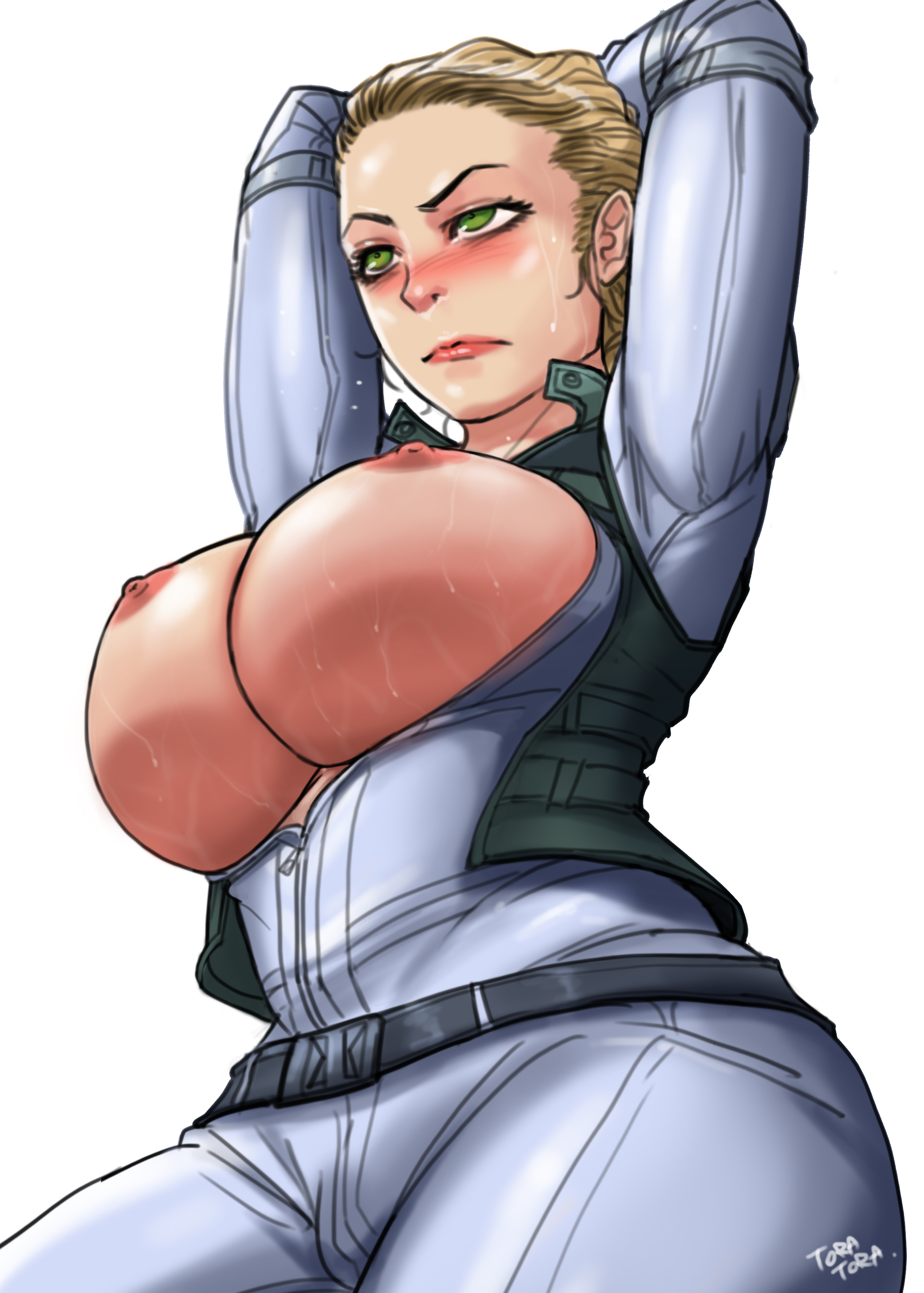 arms behind head, black widow (florence pugh), black widow (movie), blonde hair, green eyes, marvel, marvel comics, sweat, sweaty, sweaty body, thunderbolts, thunderbolts*, tora tora, white suit, yelena belova