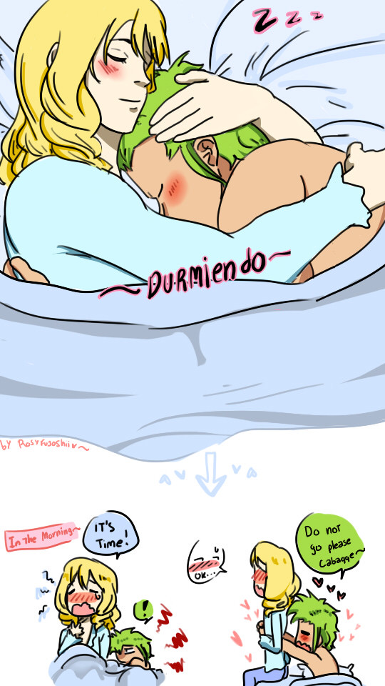 ! 2boys bartolomeo cavendish clothing embarrassed green_hair heart long_hair male male_only one_piece pillow rosyfujoshi sleeping smile yellow_hair