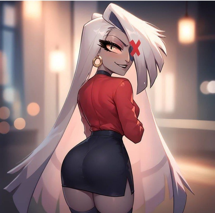 1girls ai_generated ass ass_visible_through_clothes ass_visible_under_skirt black_skirt clothed clothed_female earrings female female_only grey_body hazbin_hotel instagram_link long_hair looking_at_viewer looking_back looking_back_at_viewer miniskirt pencil_skirt red_clothing red_topwear skirt solo vaggie_(hazbin_hotel) very_long_hair white_hair