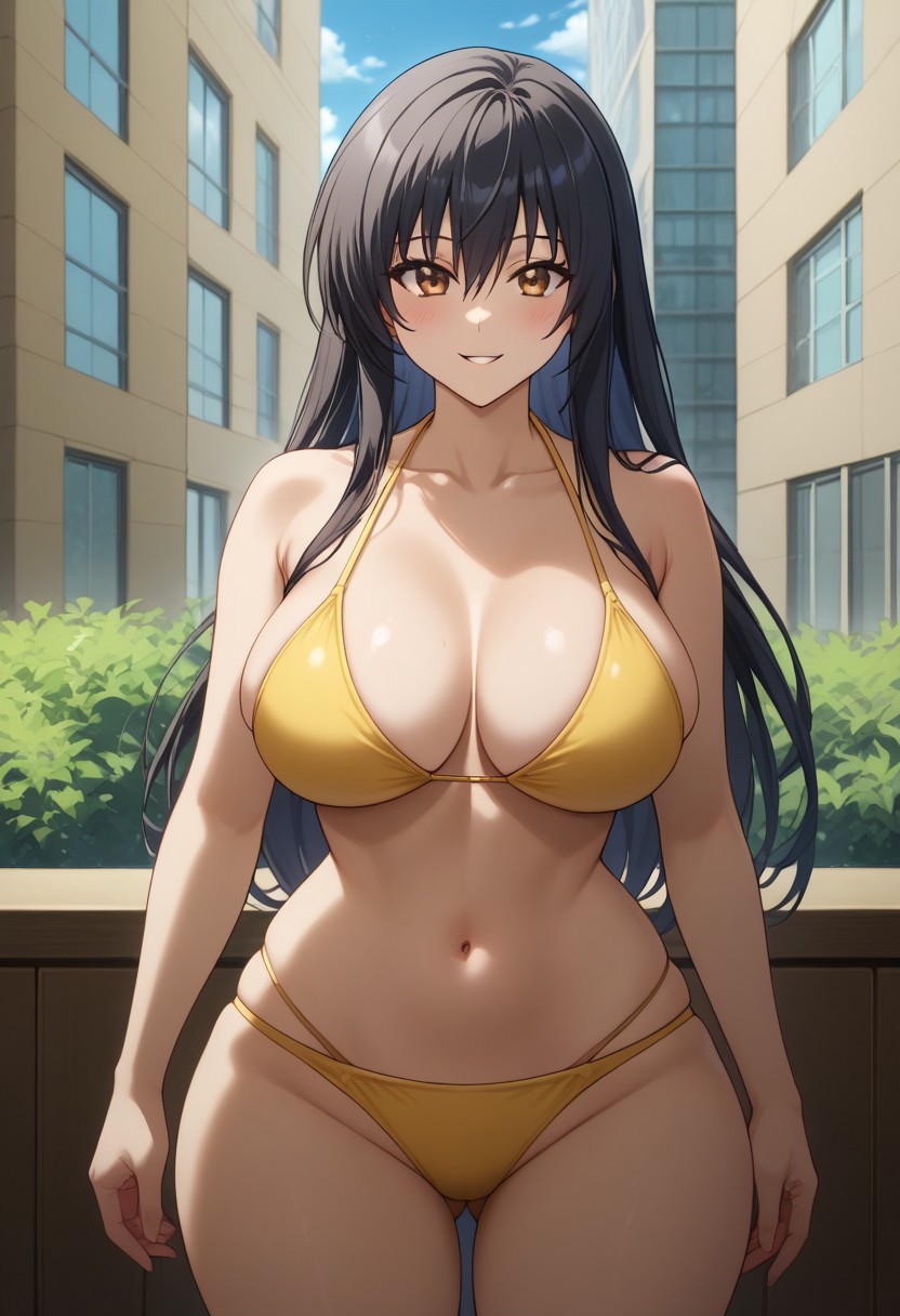 1girls ai_generated big_breasts bikini black_hair breasts female female_focus huge_breasts kotegawa_yui large_breasts long_hair navel smiling smiling_at_viewer thick_thighs thighs to_love-ru yellow_eyes