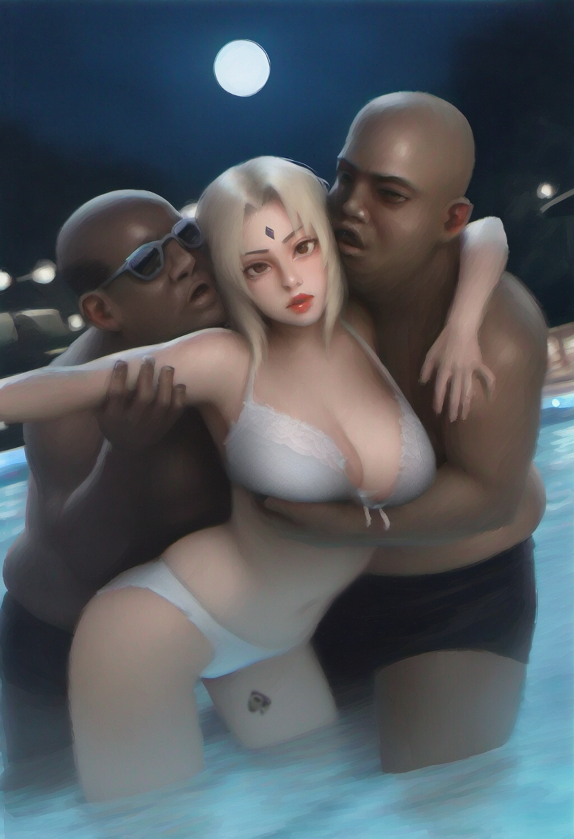 ai_generated big_breasts blonde_hair bra dark-skinned_male dark_skin fat_man hugenipplesguy interracial naruto naruto_(series) pool queen_of_spades spade_tattoo tsunade