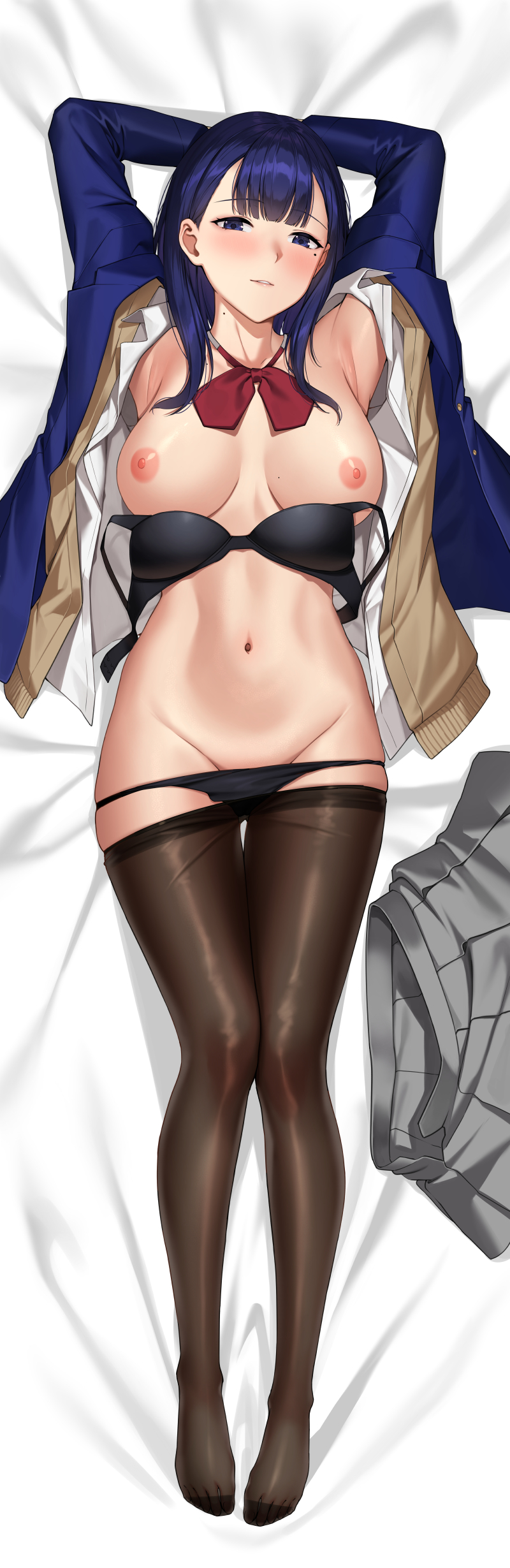 absurdres barefoot bed_sheet black_pantyhose blue_eyes blue_hair blue_jacket blush breasts brown_cardigan cardigan censored commission dakimakura_(medium) deras feet female fine_fabric_emphasis from_above full_body grey_skirt highres jacket long_hair looking_at_viewer lying miru_tights mole mole_under_eye nakabeni_yua navel nipples no_shoes on_back panties panty_pull pantyhose pixiv_commission school_uniform sheet_grab shirt skirt smile soles solo thigh_gap thighband_pantyhose toes torn_clothes torn_pantyhose underwear unworn_skirt white_shirt