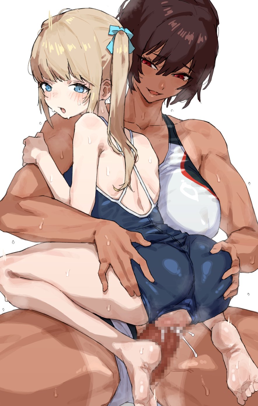 2girls blonde_hair blue_eyes breasts brown_hair competition_school_swimsuit dark-skinned_female dark_skin futa_with_female futanari hands_on_another's_thighs height_difference highres kei_(m_k) large_breasts long_hair m_k multiple_girls original red_eyes rika_(m_k) school_swimsuit short_hair simple_background size_difference sweat swimsuit tall tall_female tan tomboy