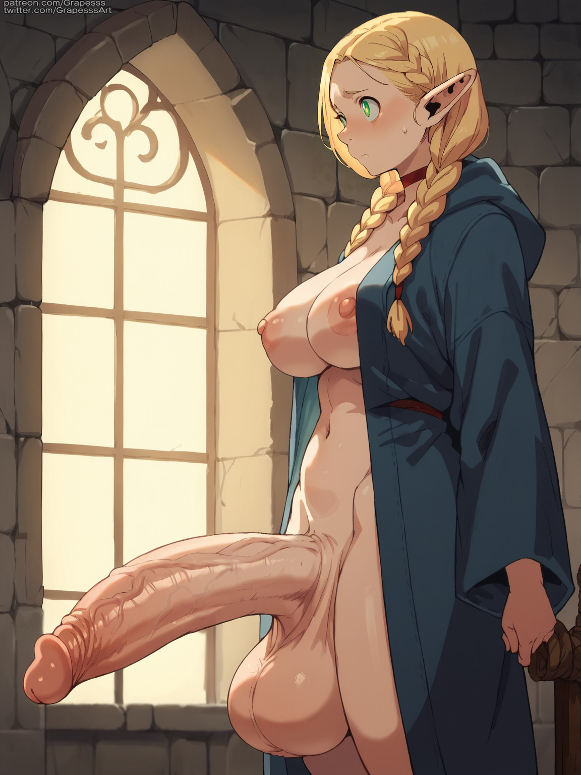 ai generated, big penis, dungeon meshi, futanari, grapesss, intersex, light skin, light-skinned futa, marcille donato, penis, solo futa