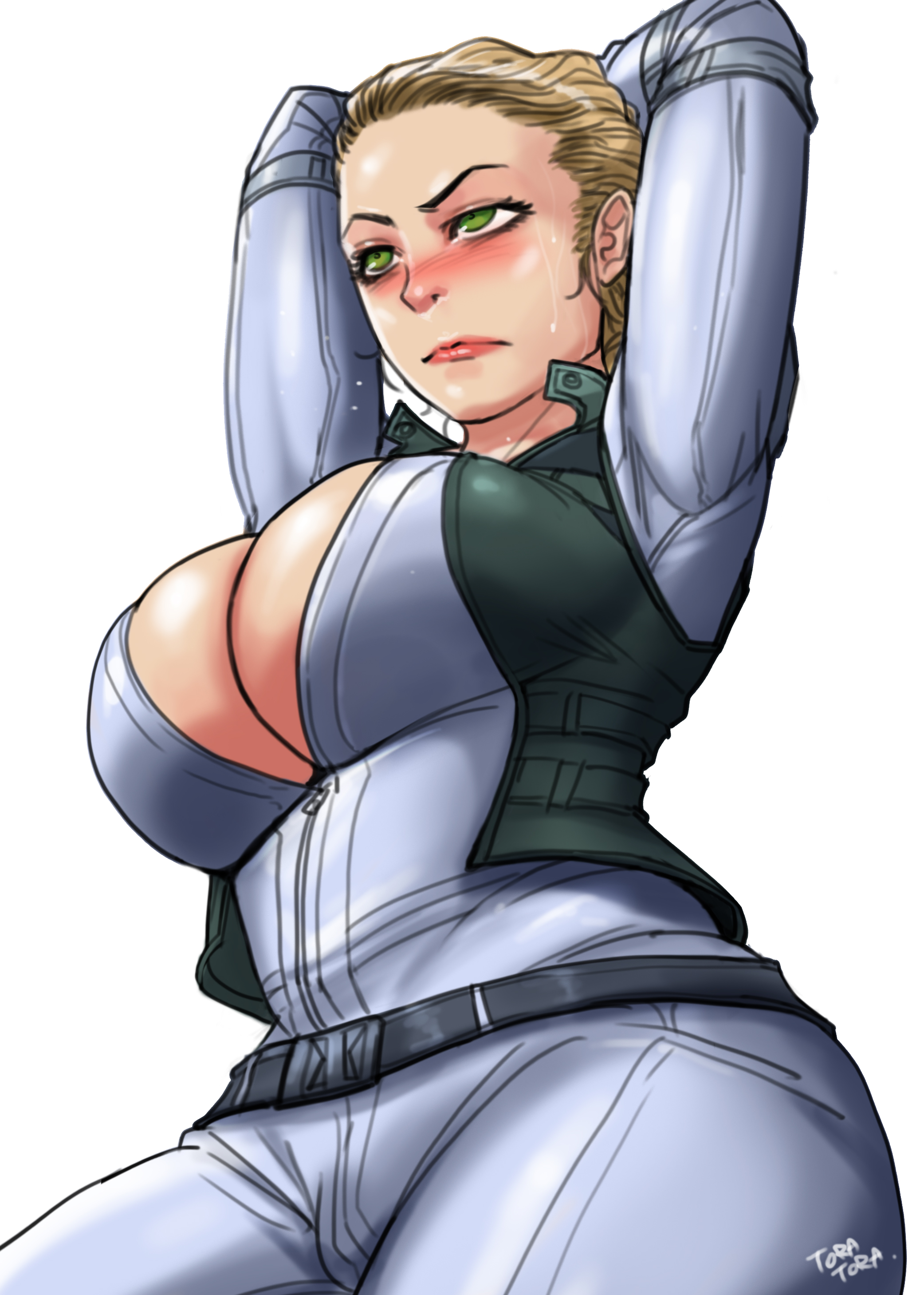 arms behind head, black widow (florence pugh), black widow (movie), blonde hair, green eyes, marvel, marvel comics, sweat, sweaty, sweaty body, thunderbolts, thunderbolts*, tora tora, white suit, yelena belova