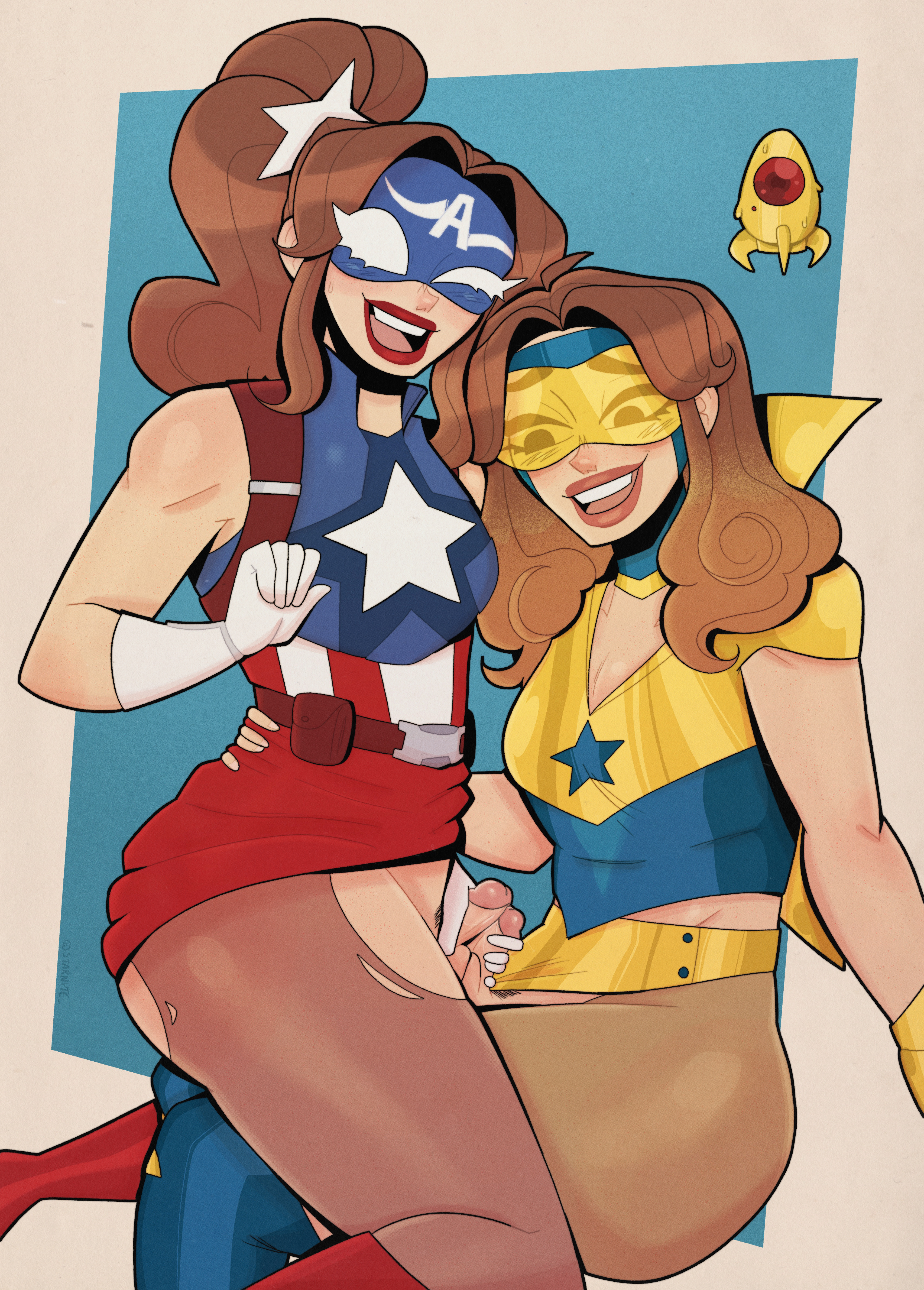 2boys, alternate universe, artist name, artist signature, ass, balls, bangs, big ass, big butt, booster gold, boots, brown hair, captain america, costume, crossover, dc, dc comics, dc vs. marvel, fair skin, femboy, femboy dilf, femboy on femboy, freckles, frottage, gay, gloves, goggles, male, marvel, marvel comics, mask, masked, mostly clothed, oc, original character, penis, ponytail, pouch, selfcest, siobhan (starbryte), skeets, skirt, skirt up, small balls, small penis, starbryte, superhero, superhero costume, sweatdrop, transgender