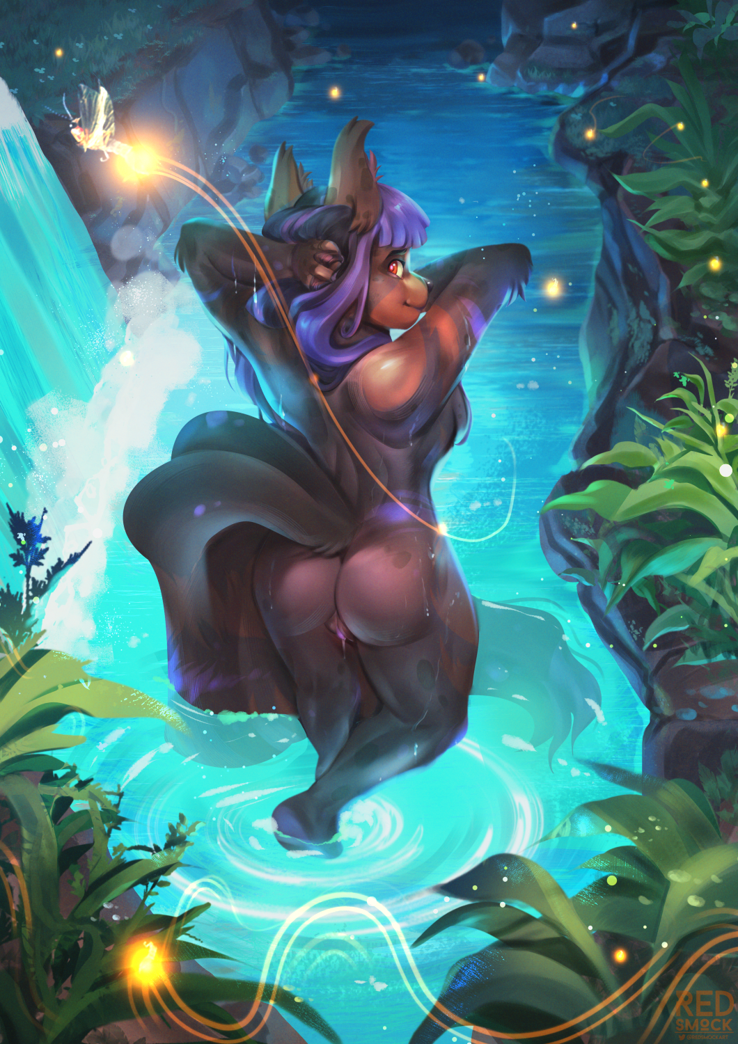 anthro arthropod ass beetle bent_over big_butt brown_body brown_fur canid canine canis detailed_background digital_media_(artwork) elateroid female fireflies fur genitals hair hi_res high-angle_view insects looking_at_viewer mammal markings night nude nude_anthro nude_female original_character outside plant purple_hair pussy red_eyes redsmock river shaded smile smiling_at_viewer solo solo_focus spots spotted_body spotted_fur tail thick_thighs tree water waterfall waterfall_shower wide_hips