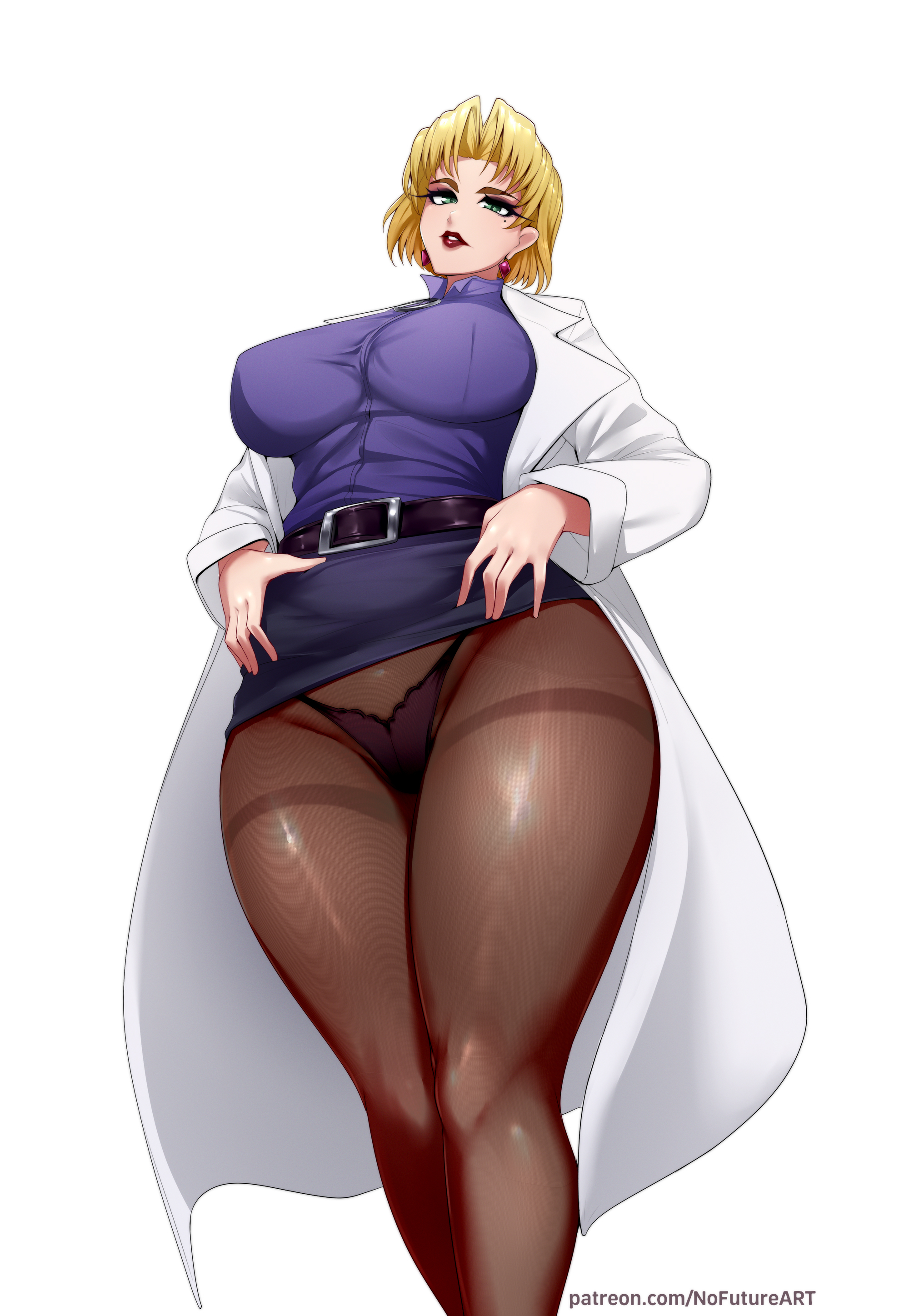 1girls, belt, big breasts, black thong, blonde hair, bottomwear, breasts, clothing, coat, curvy, ear piercing, earrings, female, female only, gainax, green eyes, hair, hips, huge breasts, human, labcoat, large breasts, legwear, light skin, light-skinned female, lips, mature, mature female, mole, mole under eye, neon genesis evangelion, nofuture, pantyhose, pencil skirt, ritsuko akagi, scientist, short hair, skirt, solo, solo female, thick lips, thick thighs, thighs, thong, topwear, voluptuous, wide hips