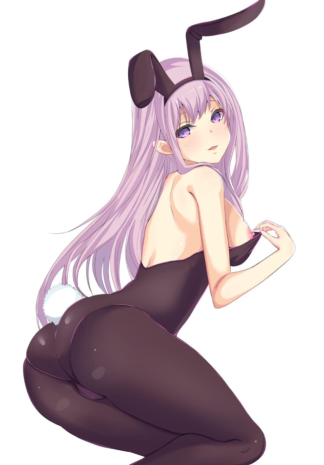 akino_sakura bare_arms bare_back bare_shoulders bunny_costume bunny_ears bunny_girl bunny_tail bunnysuit cosmos_(oresuki) hands_on_breasts leather leather_clothing nipples nipples_peek ore_wo_suki_nano_wa_omae_dake_ka_yo purple_eyes purple_hair