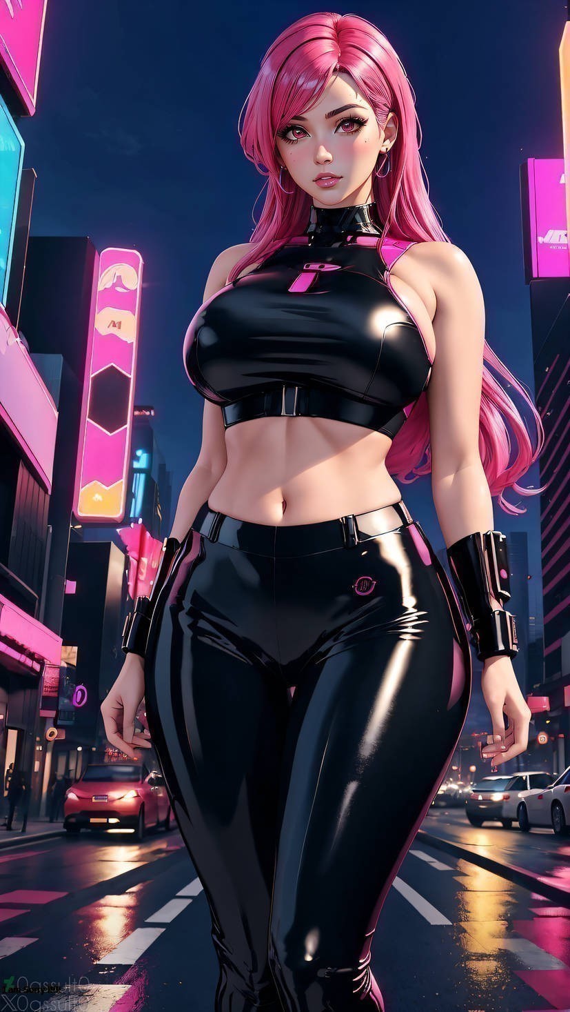 0assult0 1girls ai_generated anime attractive babe bangs beautiful beautiful_females bleach bleach:_the_thousand-year_blood_war busty city city_lights clothed_breasts crop_top curvy_figure earrings female_only large_breasts latex latex_clothing latex_pants looking_at_viewer meninas_mcallon navel night pink_hair seductive_eyes sexy sternritter street voluptuous voluptuous_female wet_street