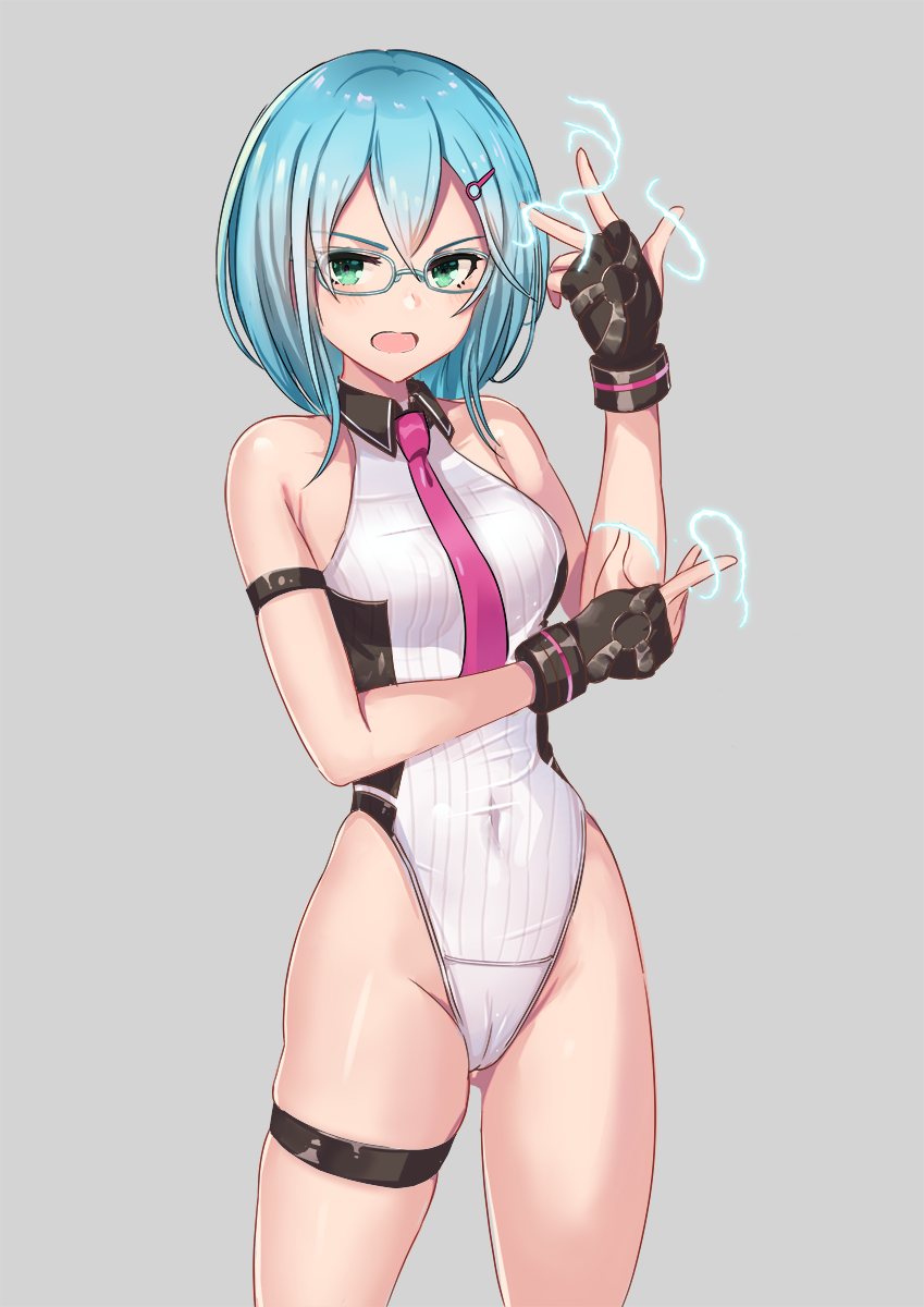 1girls 2019 aqua_hair blue_eyes blush cameltoe clothed covered_navel cowboy_shot dead_or_alive electricity fingerless_gloves from_above gittangittan glasses gloves green_eyes grey_background hair_ornament hi_res kinniku_buster leotard looking_at_viewer medium_hair necktie nico_(doa) open_mouth simple_background skintight small_breasts solo spread_legs standing team_ninja tecmo thigh_strap thighs tight_clothing