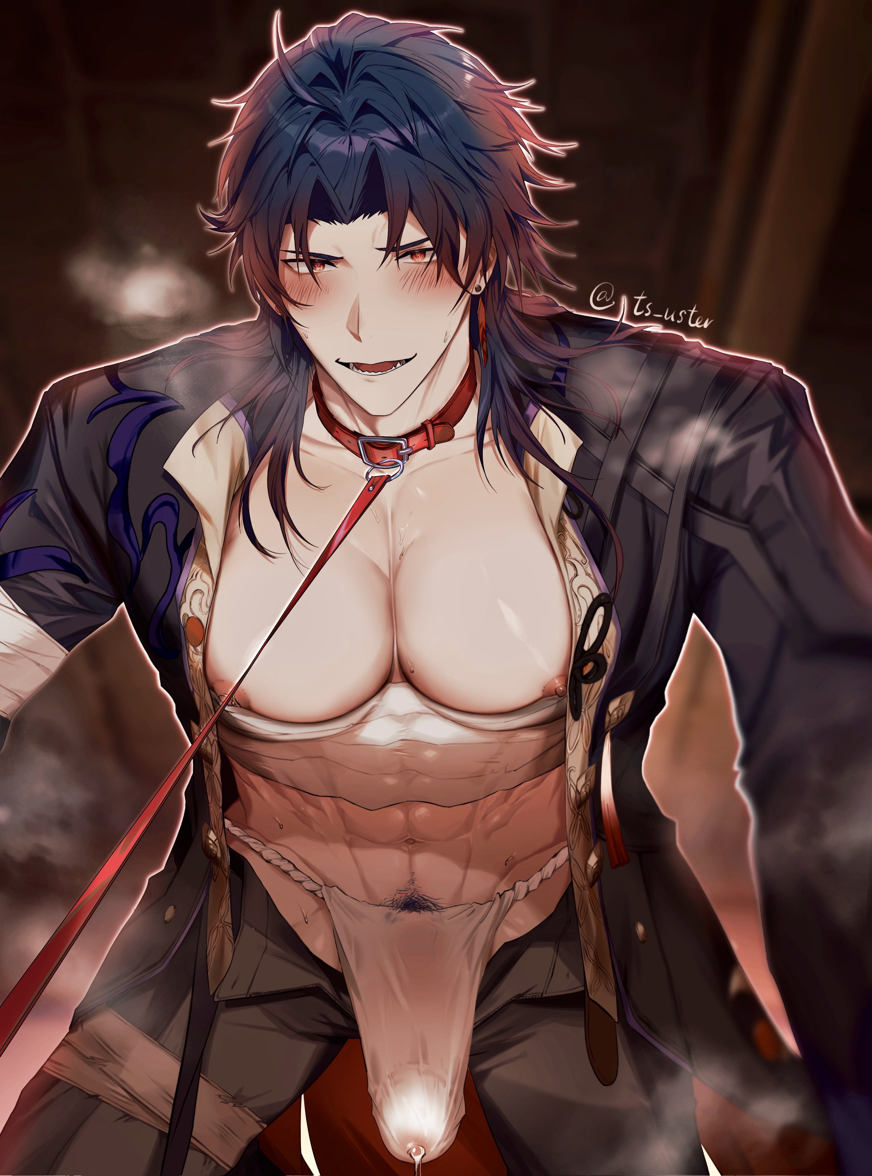 bandage, belt collar, blade (honkai: star rail), bulge, gay, honkai: star rail, leash, leash and collar, male, precum, precum drip, pubic hair, solo, ts uster, underwear, yaoi