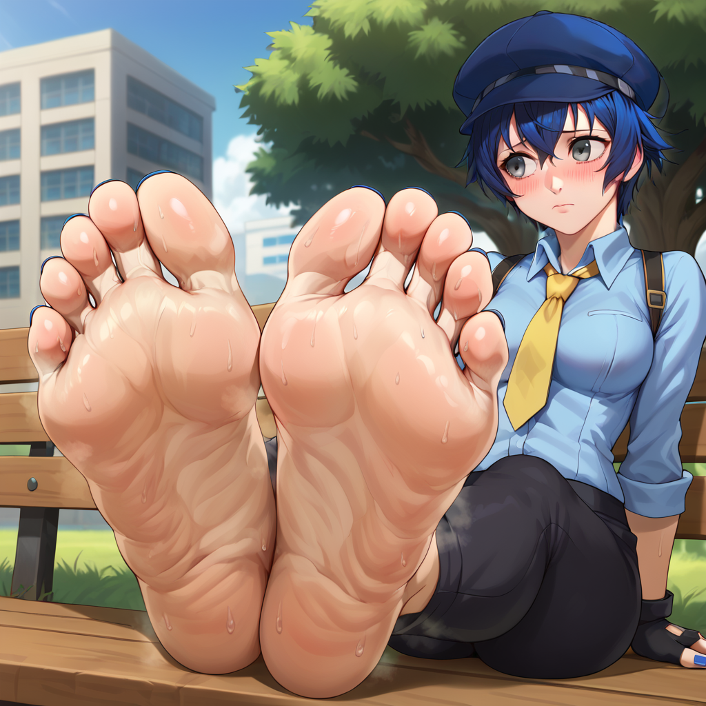 ai_generated blue_hair blush female foot_fetish foot_focus meaty_soles naoto_shirogane painted_nails persona shirogane_naoto short_hair shy_expression soles steam sweat tomboy wrinkled_feet