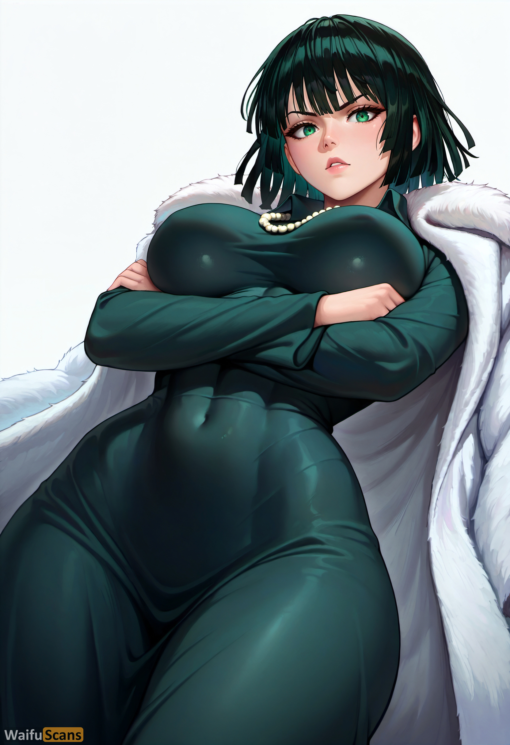 ai generated, arms under breasts, artist name, bangs, black hair, breasts, coat, covered navel, crossed arms, dress, female, from below, fubuki (one-punch man), fur coat, green dress, green eyes, high resolution, highres, jewelry, large breasts, lips, long sleeves, looking at viewer, looking down, necklace, one-punch man, parted lips, pearl necklace, short hair, simple background, solo, stable diffusion, thick thighs, thighs, waifuscans418, white background, wide hips