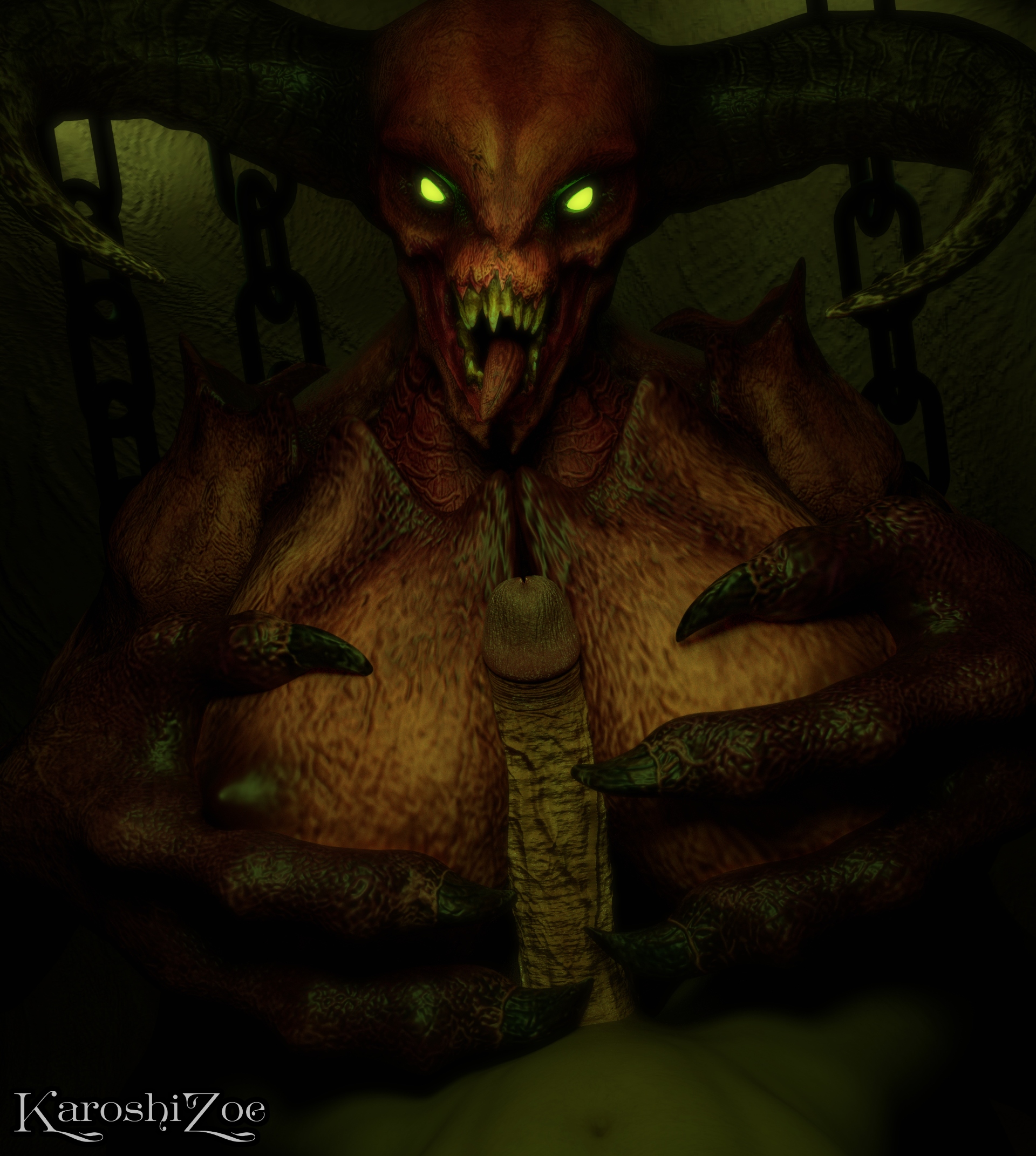 1boy, 1girls, 2026, 3d, baron of hell (doom), baroness of hell, big breasts, big penis, blender, chains, claws, demon, demon girl, doom, duo, glowing eyes, green eyes, hands on breasts, horns, huge breasts, human, karoshizoe, large hands, looking at viewer, male, male/female, monster, monster girl, monster on male, muscular female, nightmare waifu, nipples, nude, open mouth, paizuri, partial male, penis, pov, pov eye contact, red body, teeth, teratophilia, titjob, tongue, tongue out