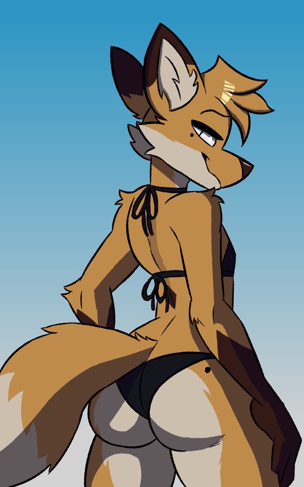 ass, balthazar (suitedwolf), bikini, black bikini, femboy, fox, male, mole (marking), mole under eye, non-human, suitedwolf