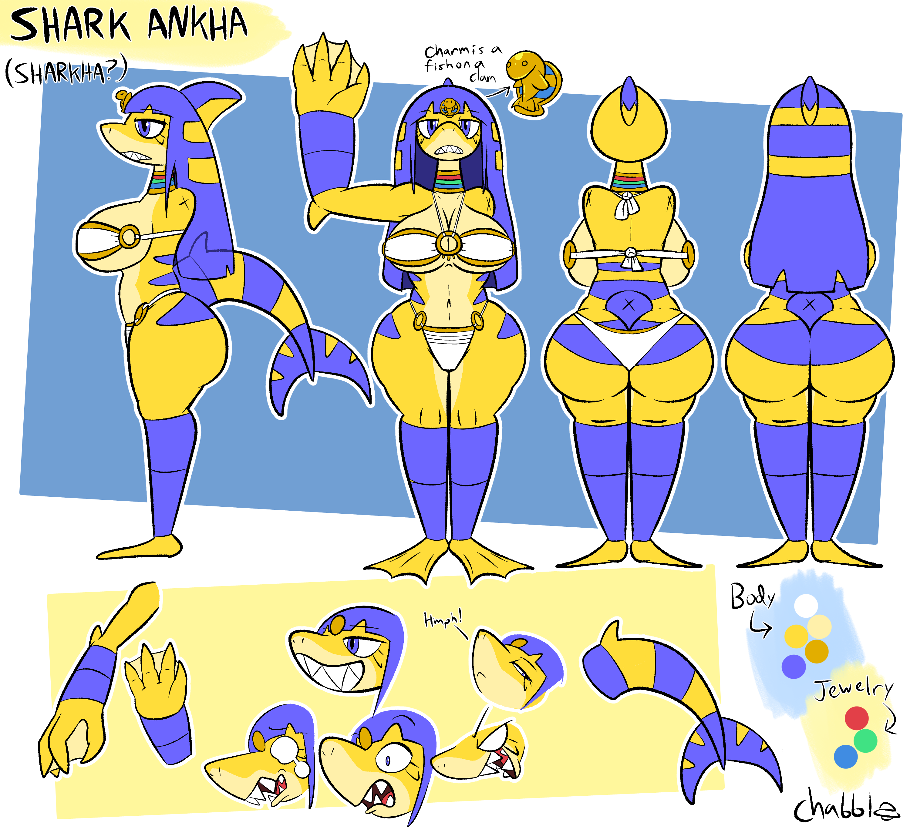 after transformation, animal crossing, ankha, ankha (animal crossing), big ass, big breasts, bikini, bikini bottom, bikini top, blue eyes, blue hair, chabble, claws, flippers, huge ass, huge breasts, long hair, post-transformation, reference sheet, shark, shark fin, shark girl, shark tail, sharp teeth, transformation, yellow body