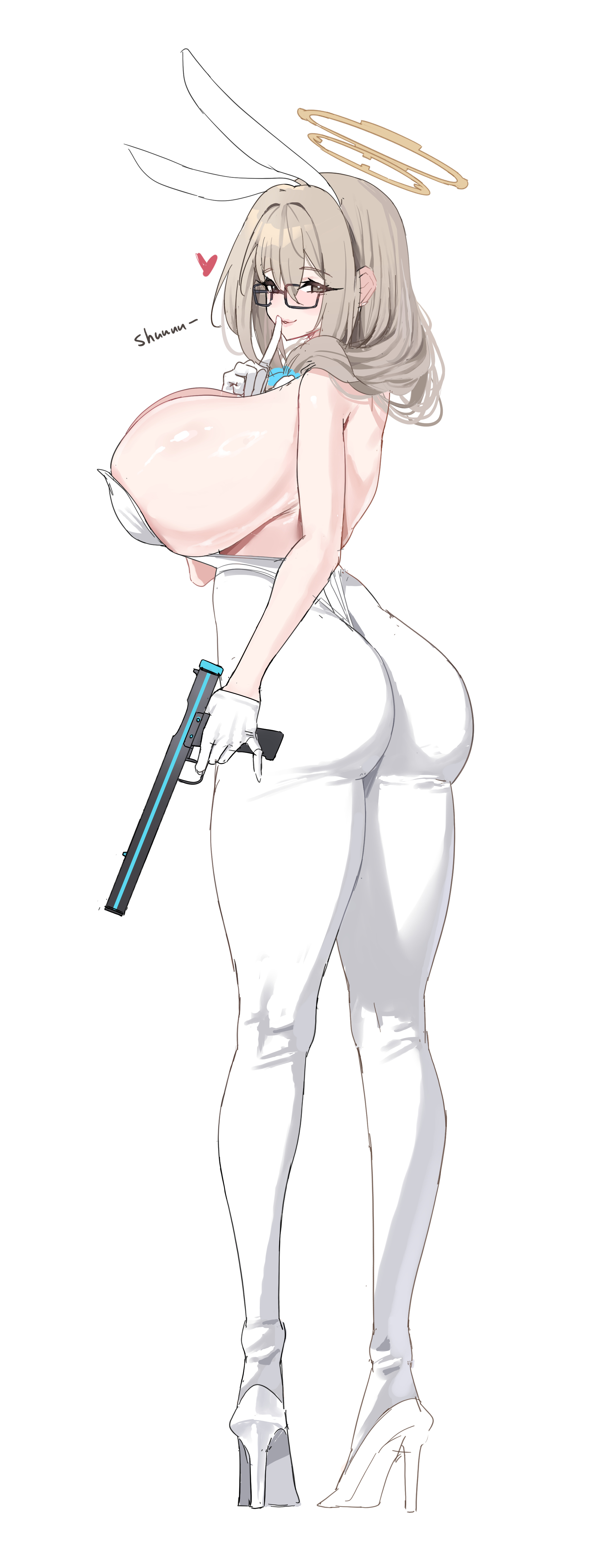 absurdres, akane (blue archive), akane (bunny) (blue archive), animal ears, ass, bare shoulders, black-framed eyewear, blue archive, blush, breasts, brown hair, cleaning & clearing (blue archive), curvy, detached collar, fake animal ears, female, finger to mouth, funaya (a2brasd), glasses, gloves, gun, high heels, highres, holding, holding gun, holding weapon, huge breasts, index finger raised, leotard, long hair, looking at viewer, looking back, millennium science school student, official alternate costume, pantyhose, playboy bunny, rabbit ears, shushing, simple background, smile, solo, standing, strapless, strapless leotard, thick thighs, thighs, weapon, white background, white gloves, white leotard