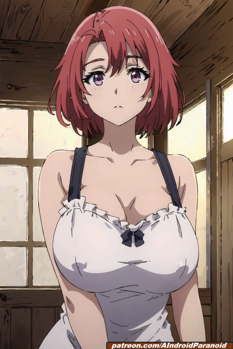 ai generated, aindroidparanoid, big breasts, blush, boots, breasts, busty, cow girl (goblin slayer), female, goblin slayer, huge breasts, indoors, large breasts, massive breasts, milk, narrow waist, purple eyes, red hair, short hair, slim waist, stable diffusion