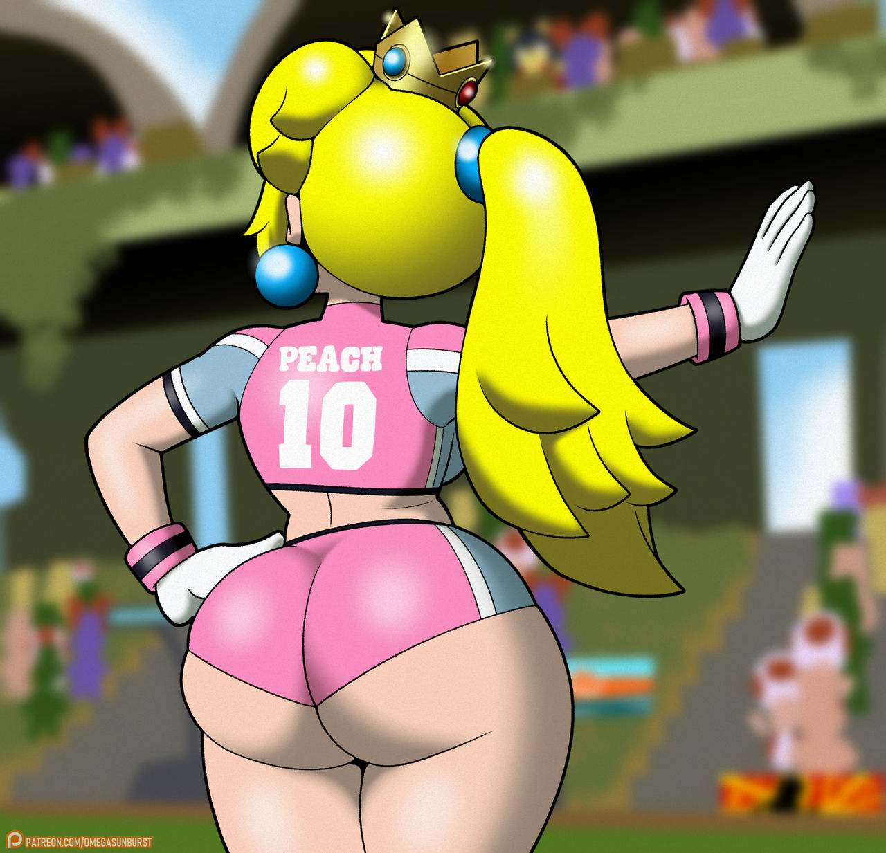 ass back_view big_ass big_butt blonde_female blonde_hair bootylicious bubble_ass bubble_butt canonical_scene dumpy gamecube mario_(series) mario_strikers mario_strikers_peach_back_view_redraw_(meme) meme nintendo omegasunburst pink_shorts princess_peach sassy sassy_girl solo sportswear