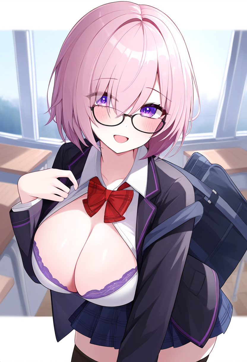 1girls ai_generated bra breasts cleavage fate/grand_order fate_(series) female female_only glasses gorenramu_(kurodaruma) huge_breasts large_breasts mash_kyrielight mashu pink_hair school_uniform shielder_(fate) shielder_(fate/grand_order) skirt solo thigh_highs type-moon